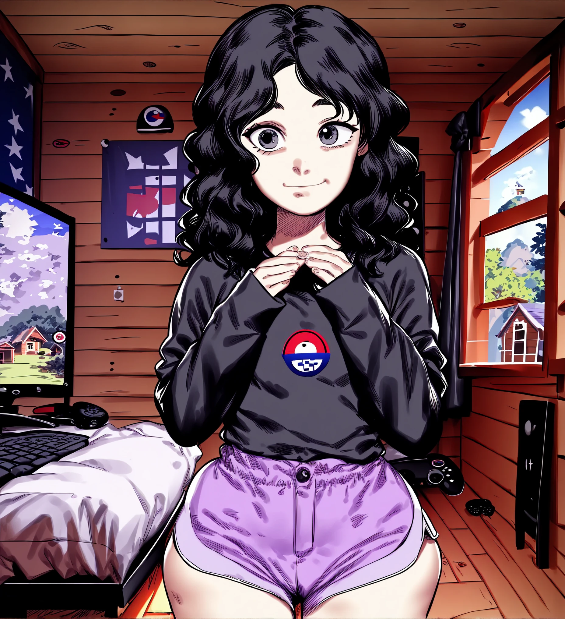 ((Cute short girl,black long wavy hair,black hair,fair skin,black eyes,wearing black shirt with long sleeves,dark-purple shorts,wide hips)),(((Background of modern wooden house inside gamer-bedroom,stand,normal mood,front view,anime girl)))