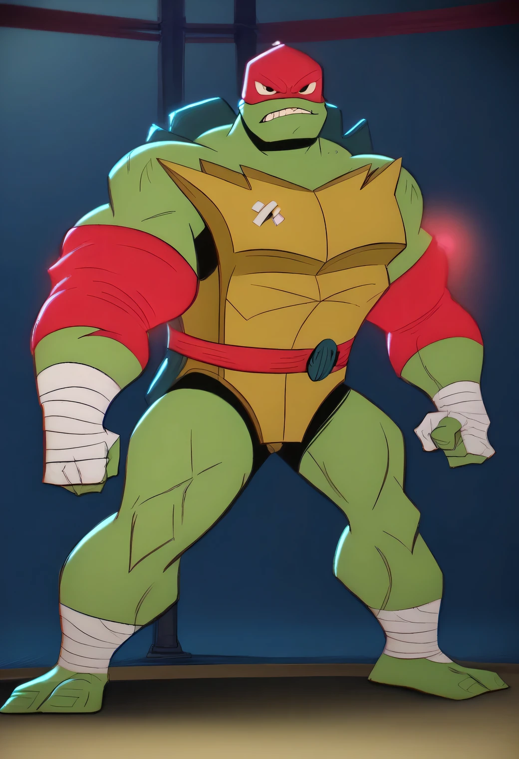 A giant muscular ninja turtle raphael, red mask, cartoon, extremely detailed face and eyes, highly detailed muscles, detailed textures, intricate details, cinematic lighting, vibrant colors, dynamic pose, dramatic shadows, gritty urban environment, cartoon style, digital art, cinematic lighting, 8k, masterpiece, score_9, score_8_up, score_7_up, smooth lines, countershading, soft shading, 2d, extreme detail, 4K, high definition, high resolution,  1boy, solo, raph, muscular, green skin, turtle, mask, belt, bandages, sleeves, full body, angry, serious.