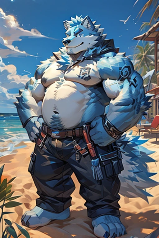 (morning), 1volibear, 独奏, 看着观众, summer, smile,肌肉男,beard,middle-aged,white fundoshi,((open) black kimono),Chinese traditional clothes,picture quality, full color, extreme detail,stud earrings,nipple ring,full body close-up, exquisite painting style
