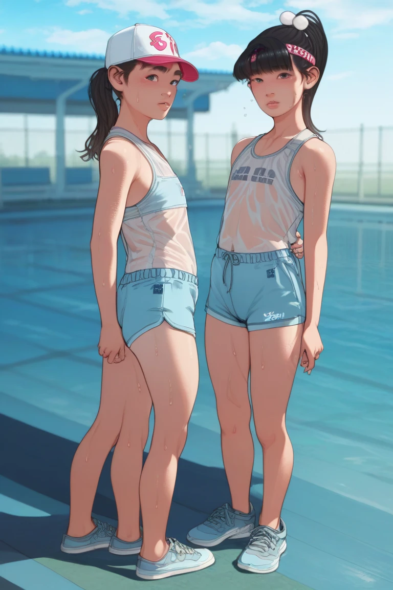 boy, trap, otoko no ko, androgynous, 12 years old, (((White sports bra and blue boxer shorts))), Wet with sweat, Look back, muscle arms, pervert, petite, flat chest blushing, glasses, desktop wallpaper, highly detailed, freckles, small hips