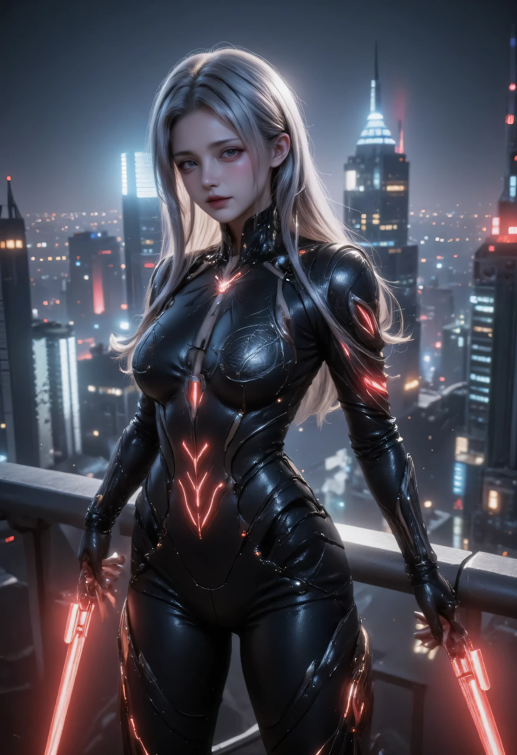score_9, score_8_up, score_7_up, score_6_up, score_5_up, score_4_up, 1girl, solo, seductive expression,(masterpiece)), Highest quality, Very detailed,(One Girl), master piece, best quality, score_9, score_8_up, score_7_up, score_6_up, score_5_up, score_4_up, masterpiece, best quality, very aesthetic, absurdres, Score_9, Score_8_up, Score_7_up, Score_6_up, Score_5_up, Score_4_up, Source_anime, Tag1, Tag2, Best quality, High quality, Detailed, High resolution, 8k, Ultra highres, Soft saturation, Professional quality, Perfect contrast, Perfect lighting, Anatomically correct, Sensual woman, young female, seductive BREAK Face focus, detailed face focus. Sexy Idol Girl, white skin, Good style, dynamic and sexy pose. Create an image of a futuristic cybernetic warrior perched on a rooftop in a rainy, urban setting. The character has long, silver hair and glowing red eyes, wearing sleek, black armor with intricate designs. They hold a katana with a glowing red blade, ready for action. The city skyline is visible in the background, illuminated by neon lights and shadows created by the rain, adding a moody, dramatic atmosphere