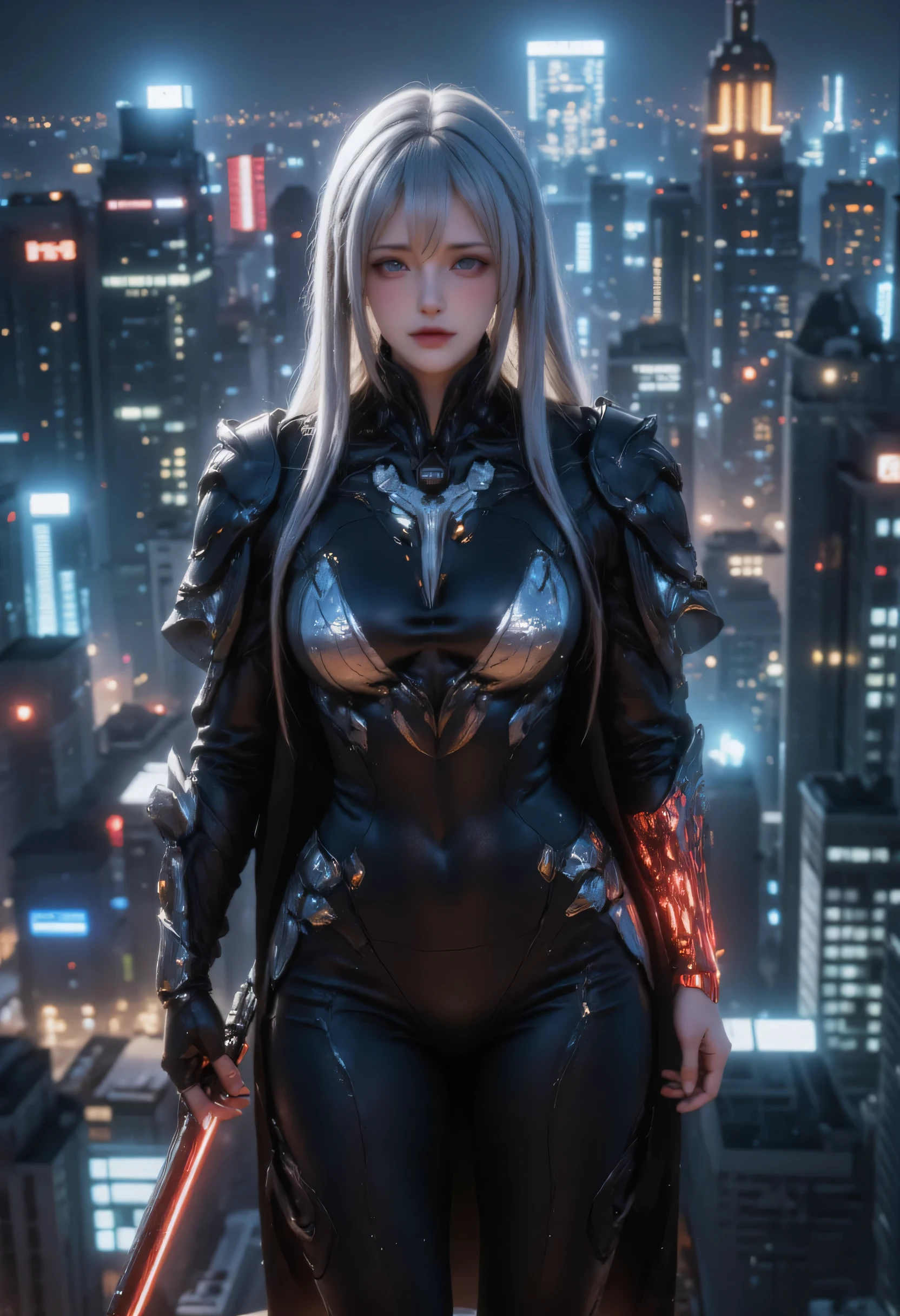 score_9, score_8_up, score_7_up, score_6_up, score_5_up, score_4_up, 1girl, solo, seductive expression,(masterpiece)), Highest quality, Very detailed,(One Girl), master piece, best quality, score_9, score_8_up, score_7_up, score_6_up, score_5_up, score_4_up, masterpiece, best quality, very aesthetic, absurdres, Score_9, Score_8_up, Score_7_up, Score_6_up, Score_5_up, Score_4_up, Source_anime, Tag1, Tag2, Best quality, High quality, Detailed, High resolution, 8k, Ultra highres, Soft saturation, Professional quality, Perfect contrast, Perfect lighting, Anatomically correct, Sensual woman, young female, seductive BREAK Face focus, detailed face focus. Sexy Idol Girl, white skin, Good style, dynamic and sexy pose. Create an image of a futuristic cybernetic warrior perched on a rooftop in a rainy, urban setting. The character has long, silver hair and glowing red eyes, wearing sleek, black armor with intricate designs. They hold a katana with a glowing red blade, ready for action. The city skyline is visible in the background, illuminated by neon lights and shadows created by the rain, adding a moody, dramatic atmosphere