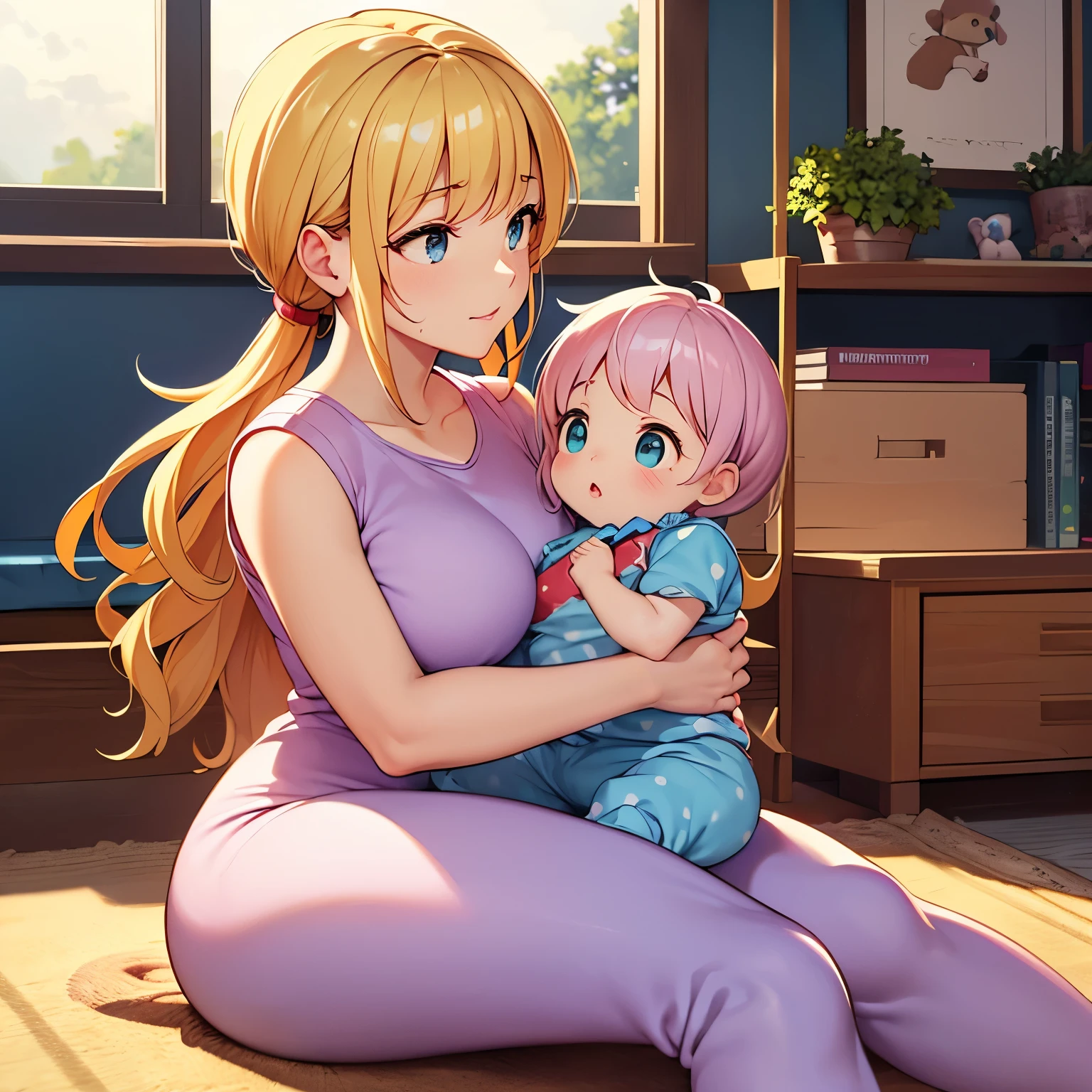 Anime-Style Illustration Concept:Title: Serene Moments Character Design:- Mother: - Appearance: Youthful, athletic build with soft features. Large, expressive eyes (warm brown/golden hues) conveying tenderness. Hair styled in a loose ponytail or waves (color: pastel pink or honey-blonde). - Outfit: Form-fitting yoga pants (neutral tones like heather gray or lavender) and a cropped sleeveless top (matching color, subtle mesh detailing). Light sweat gleam on her skin for realism. - Pose: Sitting cross-legged on a fluffy rug, gently rocking the carrier. One hand lightly resting on the handlebar, the other holding a baby bottle or toy.- : - Appearance: Rosy cheeks, wide innocent eyes (blue or green), tiny wisps of hair. Pacifier with a cartoon animal design (e.g., bear or rabbit). - Outfit: Footed pajamas in soft pastel blue/green, dotted with whimsical stars or clouds. Socks integrated into the PJs have tiny paw prints. - Pose: Cozy in a ergonomic carrier, head tilted slightly back as he sucks the pacifier. One chubby hand reaching toward the dangling toys. Scene Details:- Carrier: Modern, minimalist design with a curved handlebar. Patterned fabric (geometric or nature motifs). Toys attached via colorful plastic rings: - Toys: Rotating plush elephant, crinkly star, teething ring, and a jingling rattle. Slight motion blur to show gentle swinging.- Background: Sunlit nursery with soft bokeh effects. Warm light filters through sheer curtains. Shelves with parenting books, a potted plant, and a framed photo of the mom holding the baby. Art Style:- Lines/Shading: Clean, cel-shaded anime aesthetic with soft gradients. Subtle highlights on hair/skin for a radiant look.- Color Palette: Muted pastels (mother’s outfit) contrasted with pops of primary colors (toys). Ambient golden-hour lighting unifies the scene. Mood:A tranquil, heartwarming snapshot of motherhood.