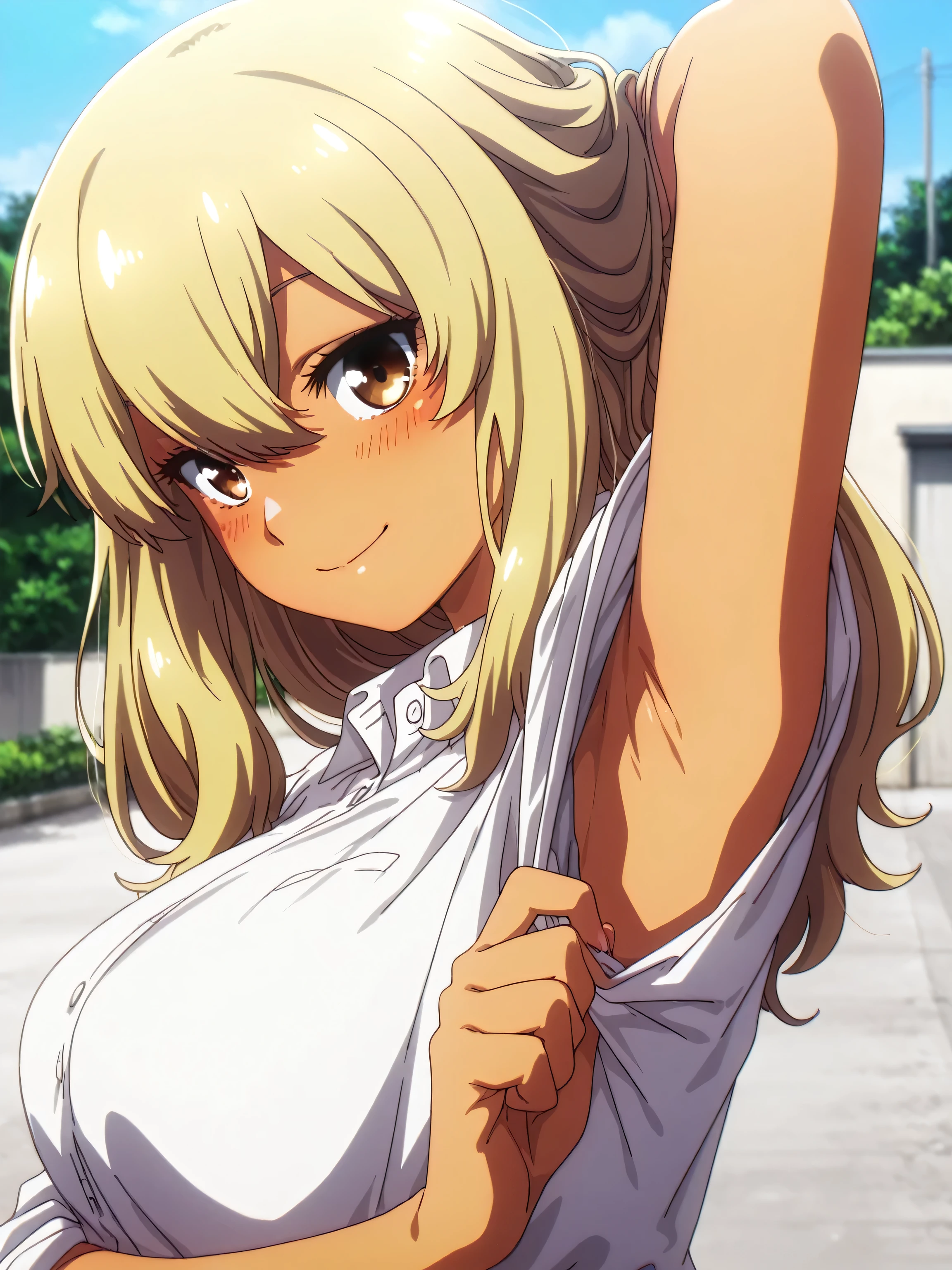masterpiece, best quality, amazing quality, anime screencap, 1girl, solo, zzKanaHiga, brown eyes, long hair, bangs, blonde hair, hair between eyes, dark skin, dark-skinned female, shirt, uniform, white shirt, collared shirt, gyaru, arm behind head, armpit, (looking at viewer, head towards viewer:1.1), smile, blush, closed mouth, armpit focus, from side, from below, outdoors, day, (pulling sleeve:1.1)