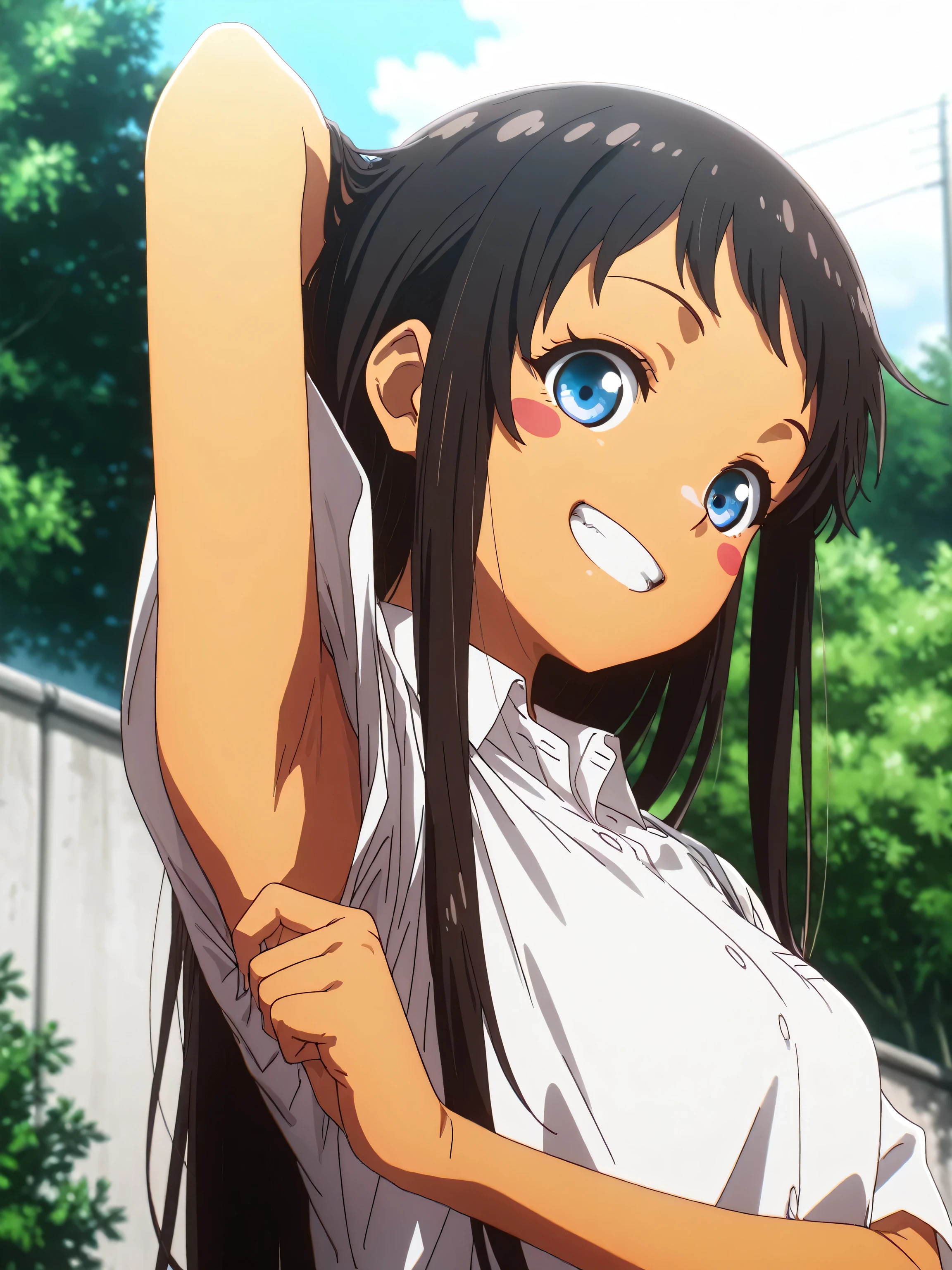 masterpiece, best quality, amazing quality, anime screencap, 1girl, solo, zzHinaKyan, blue eyes, long hair, black hair, dark skin, dark-skinned female, blush stickers, shirt, uniform, white shirt, short sleeves, collared shirt, arm behind head, armpit, (looking at viewer, head towards viewer:1.1), smile, blush, teeth, armpit focus, from side, from below, outdoors, day, (pulling sleeve:1.1), front light