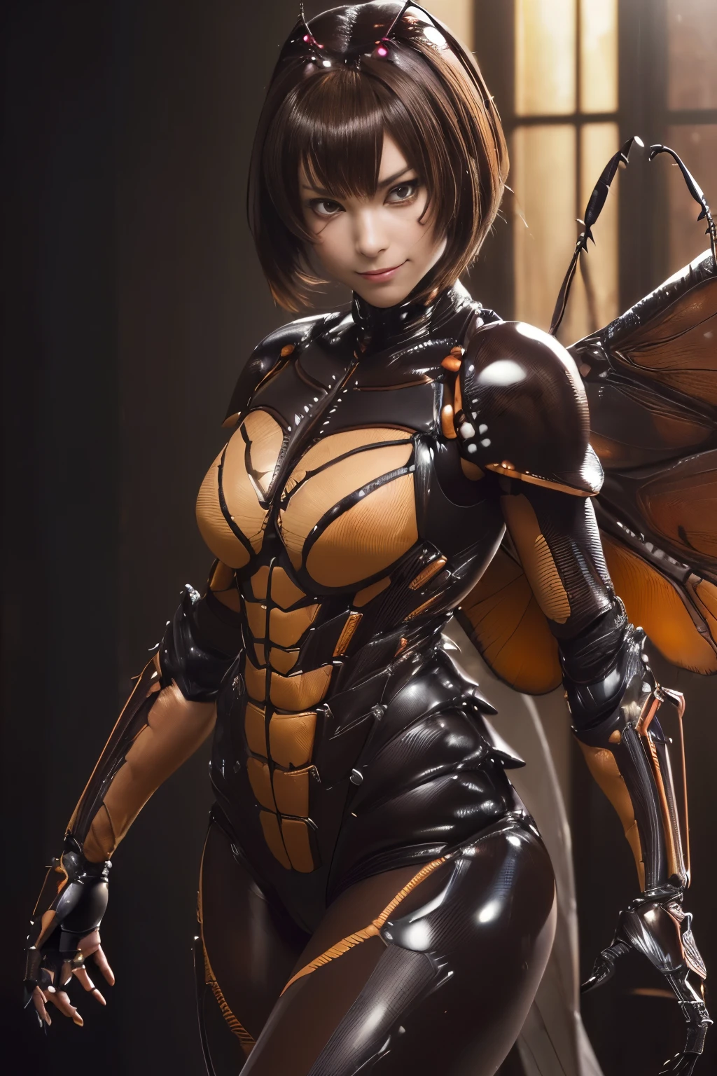 (high resolution,masterpiece,best quality,extremely detailed CG, anime, official art:1.4), realistic, photo, amazing fine details, all intricate, gloss and shiny,awesome many layers, 8k wall paper, 3d, sketch, kawaii, illustration,( solo:1.4), perfect female proportion,villainess, (fusion of dark brown cockroach and lady:1.4), (brown cockroach form lady:1.2), (brown cockroach lady:1.2), (fusion:1.2), (solo:1.4), (evil smile:1.2), muscular, abs, (cockroach brown exoskeleton bio insect suit:1.4), (cockroach brown exoskeleton bio insect armor:1.2), (brown transparency cockroach wing:1.4), (brown cockroach antennae:1.3),