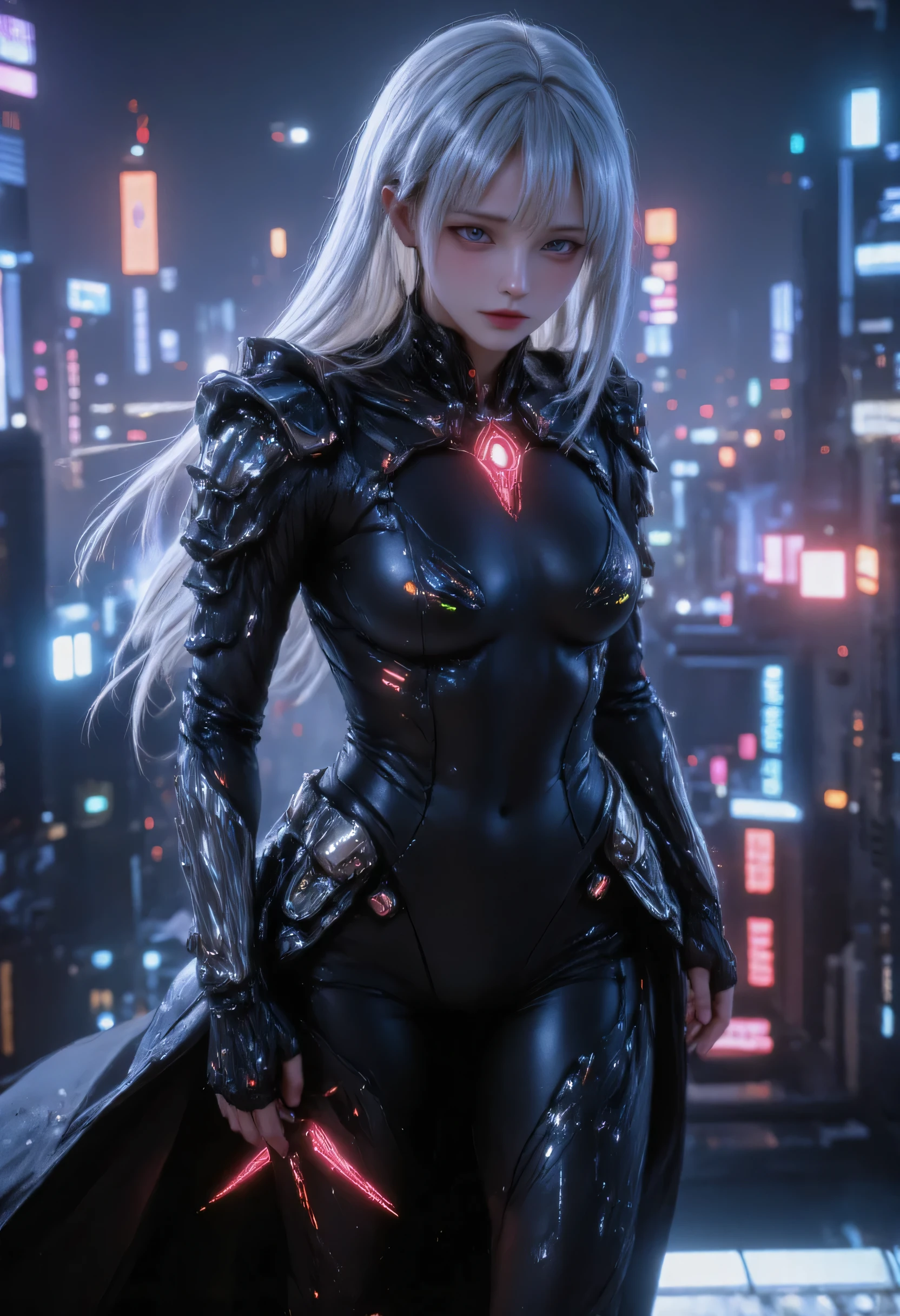 score_9, score_8_up, score_7_up, score_6_up, score_5_up, score_4_up, 1girl, solo, seductive expression,(masterpiece)), Highest quality, Very detailed,(One Girl), master piece, best quality, score_9, score_8_up, score_7_up, score_6_up, score_5_up, score_4_up, masterpiece, best quality, very aesthetic, absurdres, Score_9, Score_8_up, Score_7_up, Score_6_up, Score_5_up, Score_4_up, Source_anime, Tag1, Tag2, Best quality, High quality, Detailed, High resolution, 8k, Ultra highres, Soft saturation, Professional quality, Perfect contrast, Perfect lighting, Anatomically correct, Sensual woman, young female, seductive BREAK Face focus, detailed face focus.  Sexy Idol Girl, white skin, Good style, dynamic and sexy pose. Create an image of a futuristic cybernetic warrior perched on a rooftop in a rainy, urban setting. The character has long, silver hair and glowing red eyes, wearing sleek, black armor with intricate designs. They hold a katana with a glowing red blade, ready for action. The city skyline is visible in the background, illuminated by neon lights and shadows created by the rain, adding a moody, dramatic atmosphere