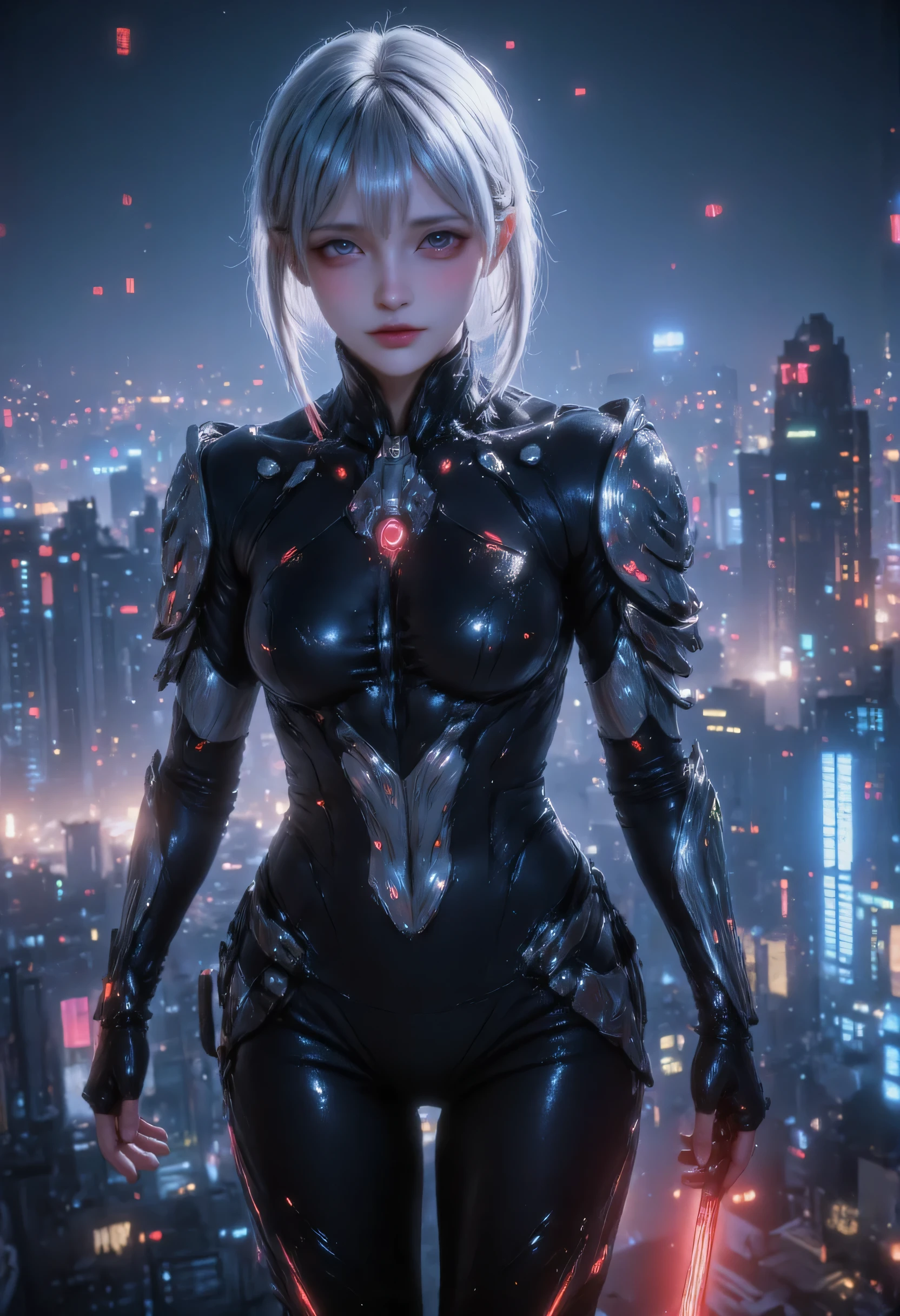score_9, score_8_up, score_7_up, score_6_up, score_5_up, score_4_up, 1girl, solo, seductive expression,(masterpiece)), Highest quality, Very detailed,(One Girl), master piece, best quality, score_9, score_8_up, score_7_up, score_6_up, score_5_up, score_4_up, masterpiece, best quality, very aesthetic, absurdres, Score_9, Score_8_up, Score_7_up, Score_6_up, Score_5_up, Score_4_up, Source_anime, Tag1, Tag2, Best quality, High quality, Detailed, High resolution, 8k, Ultra highres, Soft saturation, Professional quality, Perfect contrast, Perfect lighting, Anatomically correct, Sensual woman, young female, seductive BREAK Face focus, detailed face focus. Sexy Idol Girl, white skin, Good style, dynamic and sexy pose. Create an image of a futuristic cybernetic warrior perched on a rooftop in a rainy, urban setting. The character has long, silver hair and glowing red eyes, wearing sleek, black armor with intricate designs. They hold a katana with a glowing red blade, ready for action. The city skyline is visible in the background, illuminated by neon lights and shadows created by the rain, adding a moody, dramatic atmosphere
