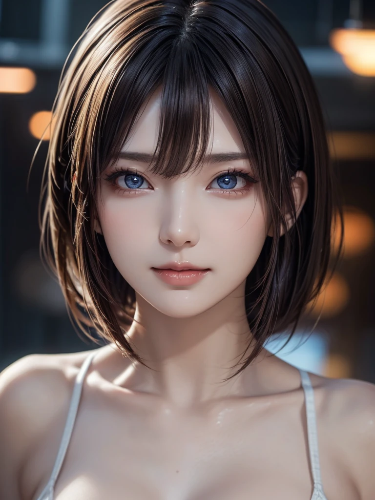 masterpiece, Highest quality, Very detailed, To the camera, 複雑に詳細なVery detailedな, Realistic, Sharp features, Very detailed, Sharp focus, Perfect Face, Perfect Face, Perfect symmetry and perfect eyes, Perfect Plump Lips, Flexible female form, Cinematic, Film Light, Very detailedな, hyper Realistic, masterpiece, atmosphere, High resolution, Vibrant, Dynamic Studio Lighting, ((Dark Background)), The facial expression when feeling happy, Straight bangs, blue eyes,White tank top 1.5))), (((Mid-shot photo, Big Breasts,