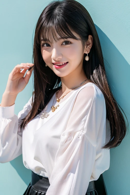 A beautiful, 18-year-old girl, realistic, ultra-detailed, 8K resolution, ray-traced, CG Unity wallpaper, masterpiece, 5'1" height, long straight silky jet black hair with blunt bags, city background, cute pastel colored blouse and long skirt, Sheng-hai, beautiful smile, ultra realistic, ultra HD, full body, model, beautiful, cute, cute jewelry, minimalist and beauty enhancing makeup, delicate features, housewife, Chinese girl,