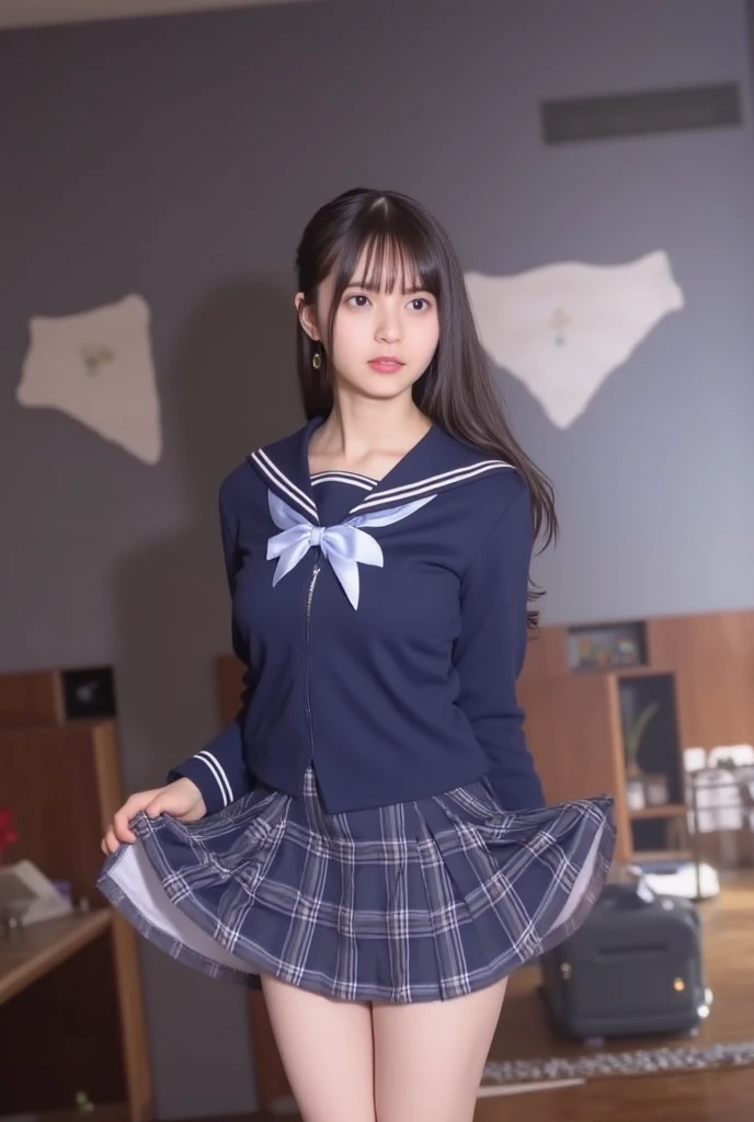 ((highest quality、8k、masterpiece:1.3)),((((fullbody shot)))),Ultra-high resolution,big eyes,Japanese,bangs,(a girl),(1 girl),((20 years old)),((facing at viewer)),(long hair),(((black sailor uniform))),grin,((sitting on chair)),(pleated black mini skirt),(((pussy))),(((open legs))),((skirt lift)),((short crew socks))