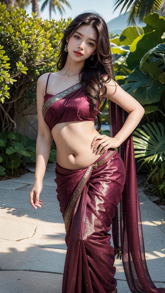 (Masterpiece:1.4), CG Unity 8k walpaper, ((Realistic: 1.2)), Ray Tracing, 64k,a girl 20 years, ((Luxury glitter Burgundy wearing an elegant saree: 1.2)), Beautiful curves on body, Young figure, Super round Young breasts under the saree blouse, black showing, ((beautiful ovel shape belly button)), curly long hair,deep black eyes,shiny red lips,brown skin,lotus flower in her hair, palms decorated with henna,in a blooming garden,bright colorful flowers,green grass,blue sky,sunshine falling on her,peaceful and serene expression,subtle smile on her face,fingers delicately touching flower petals,body language full of grace and elegance, scenic beauty,painting as medium,detailed and vivid,high-resolution image,photorealistic rendering,vibrant colors,soft lighting, [(4 different Poses),(pose 1: Grab hair with both hands, tighten tummy to lift hips,stand side ways),(pose 2: strech your arm,hand on hip, tighten tummy and lift hip),(pose 3: tilt head to smile,put arm behind back,place arm side by leg),(pose 4: title your head to smile,put your hands naturally by your side,stand side ways)], (Detailed poses), (Detailed Dress), (detailed background) , Beautiful human real fingers, beautiful human real hands, Real human natural skin,  