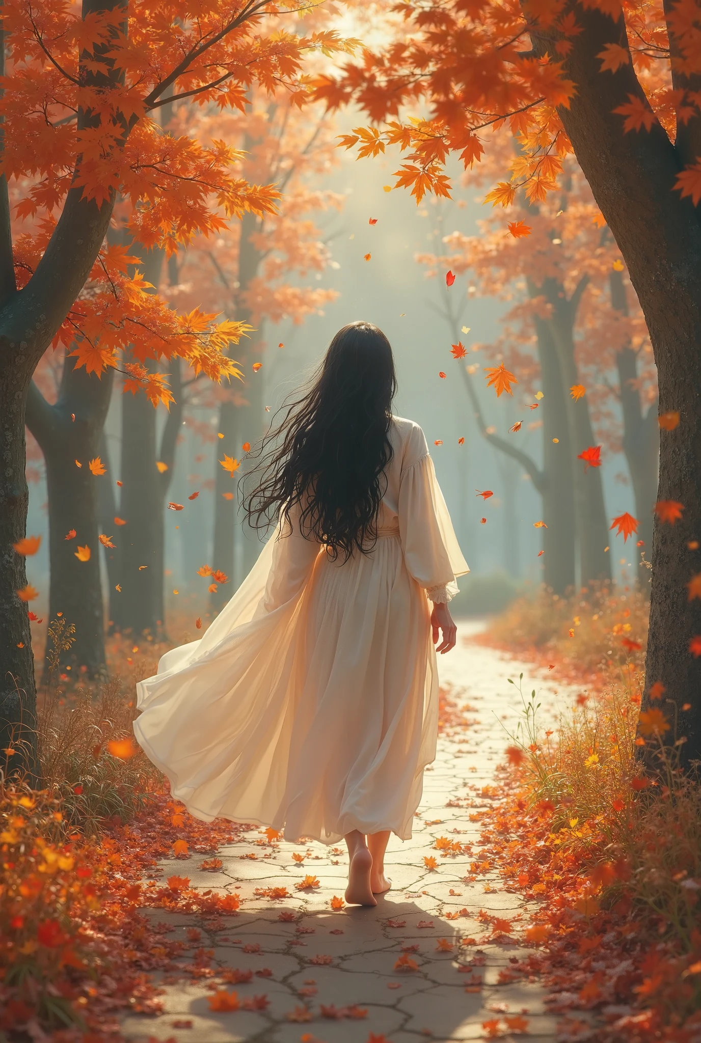 Arafed woman walking down a path in a white dress - SeaArt AI