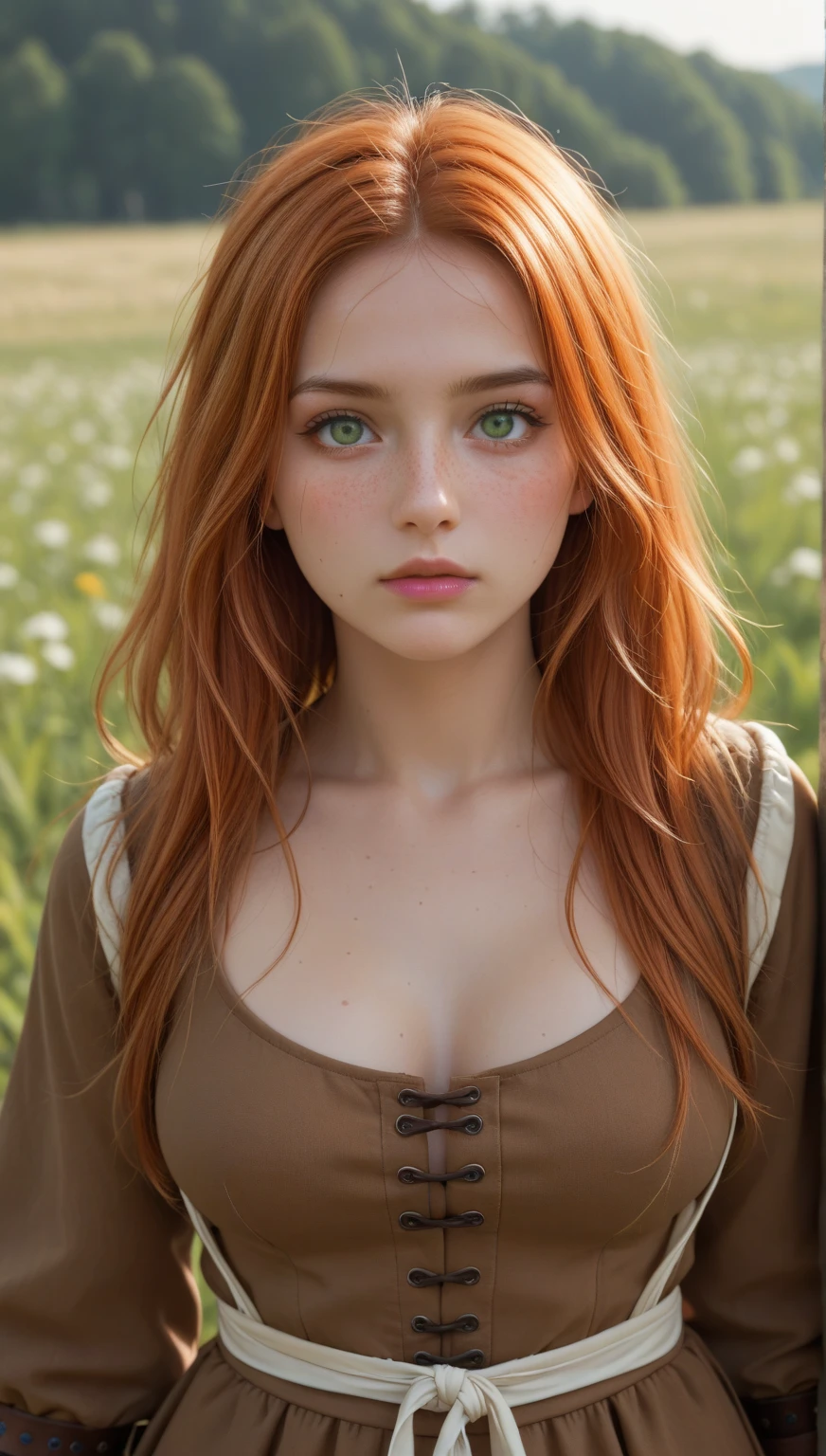 young and beautiful woman, long redhead hair, sparkling blue eyes, Full mouth, realisitic, hyper-detailed, soft daylight illuminating it, toned body, medium breasts, sitting in the park with lawns and trees, wearing a dress and straw hat
