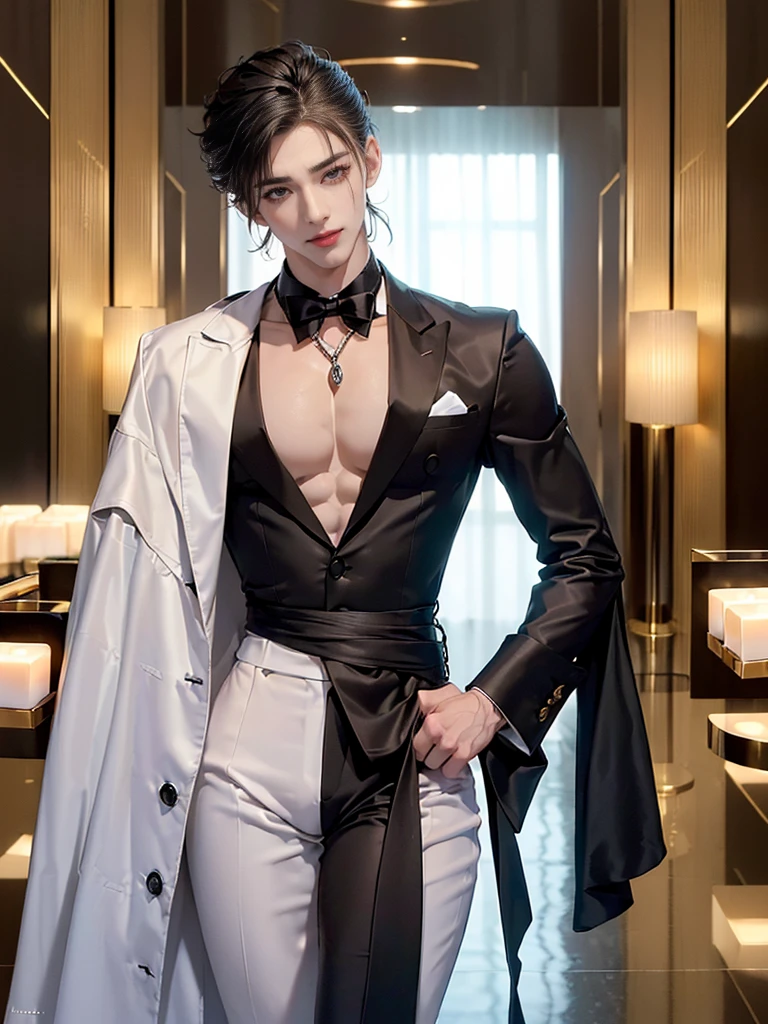 (masterpiece, best quality, detailed), 1boy androgynous and effeminate , solo, looking at viewer, candace, (pale skin, white-skinned boy androgynous 1.3), short hair with long locks, sidelocks, long hair, ((heterochromia)),
pant suit, suit, formal, white short, white Tights , necktie, white crop top, basement, (black:1.5), dimly lit, ojou-sama pose, He has an indifferent expression