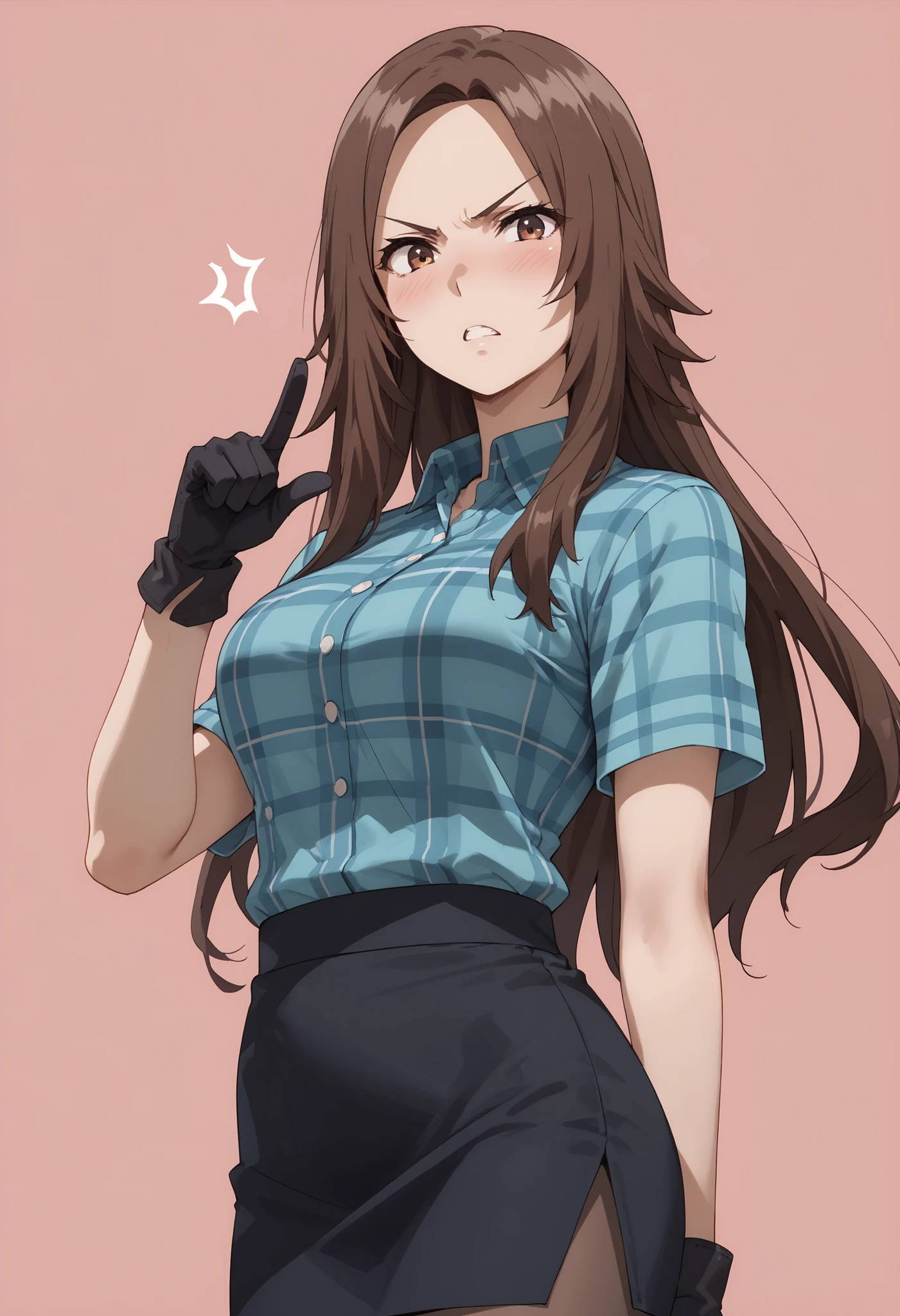score_9, score_8_up, score_7_up, score_6_up, looking at viewer, solo, 1girl, nu, parted bangs, brown hair, long hair, brown eyes, (breasts), blush, angry, parted lips, (plaid shirt, short sleeves, black skirt, pencil skirt, brown pantyhose, gloves), simple background, pink background, standing, pointing at viewer,