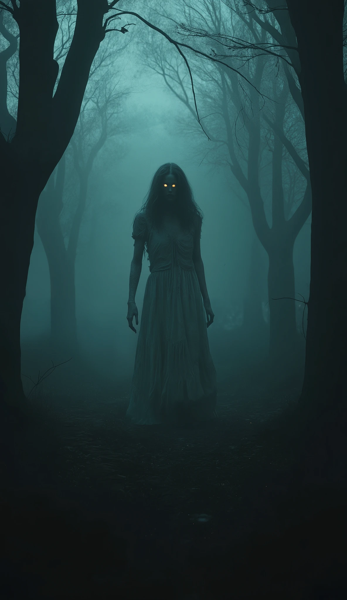 A dark, foggy forest at night, filled with thick mist that obscures the trees. In the center, a shadowy female figure stands still, barely visible through the fog. Her long, tattered white dress sways slightly in the wind. Her face is obscured by darkness, but her glowing, hollow eyes faintly pierce through the mist. The eerie atmosphere is intensified as she slowly turns her head toward the viewer, as if acknowledging their presence. The scene is unsettling, with a sense of dread and an ominous, supernatural aura.