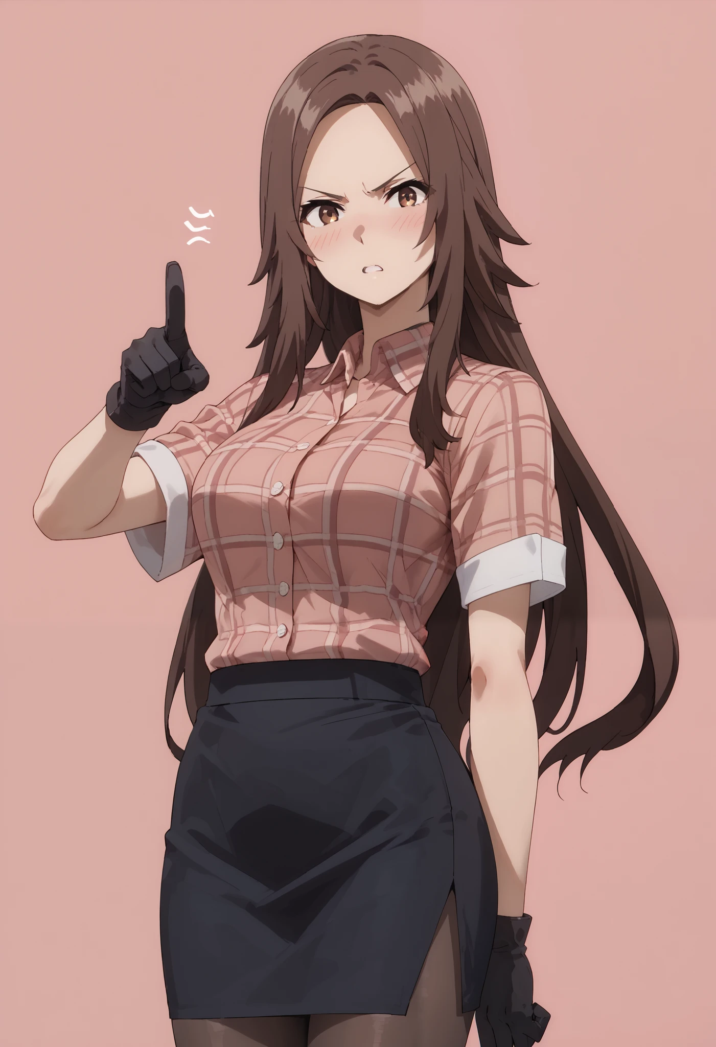 score_9, score_8_up, score_7_up, score_6_up, looking at viewer, solo, 1girl, nu, parted bangs, brown hair, long hair, brown eyes, (breasts), blush, angry, parted lips, (plaid shirt, short sleeves, black skirt, pencil skirt, brown pantyhose, gloves), simple background, pink background, standing, pointing at viewer,