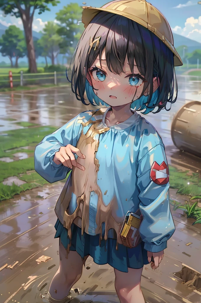 ((short body)), ((short body)), ((short body)), ((short body)), ((short body)), ((baby body)), Black hair with straight bangs and a ponytail with a red band, big round brown eyes, slightly blushed cheeks, smiling expression, wearing a striped yellow and blue shirt, blue overalls, white shoes with gray soles ocean, palms, sand, sun, ((with a big cock)), (ballsack), (steaming coming from her cock),