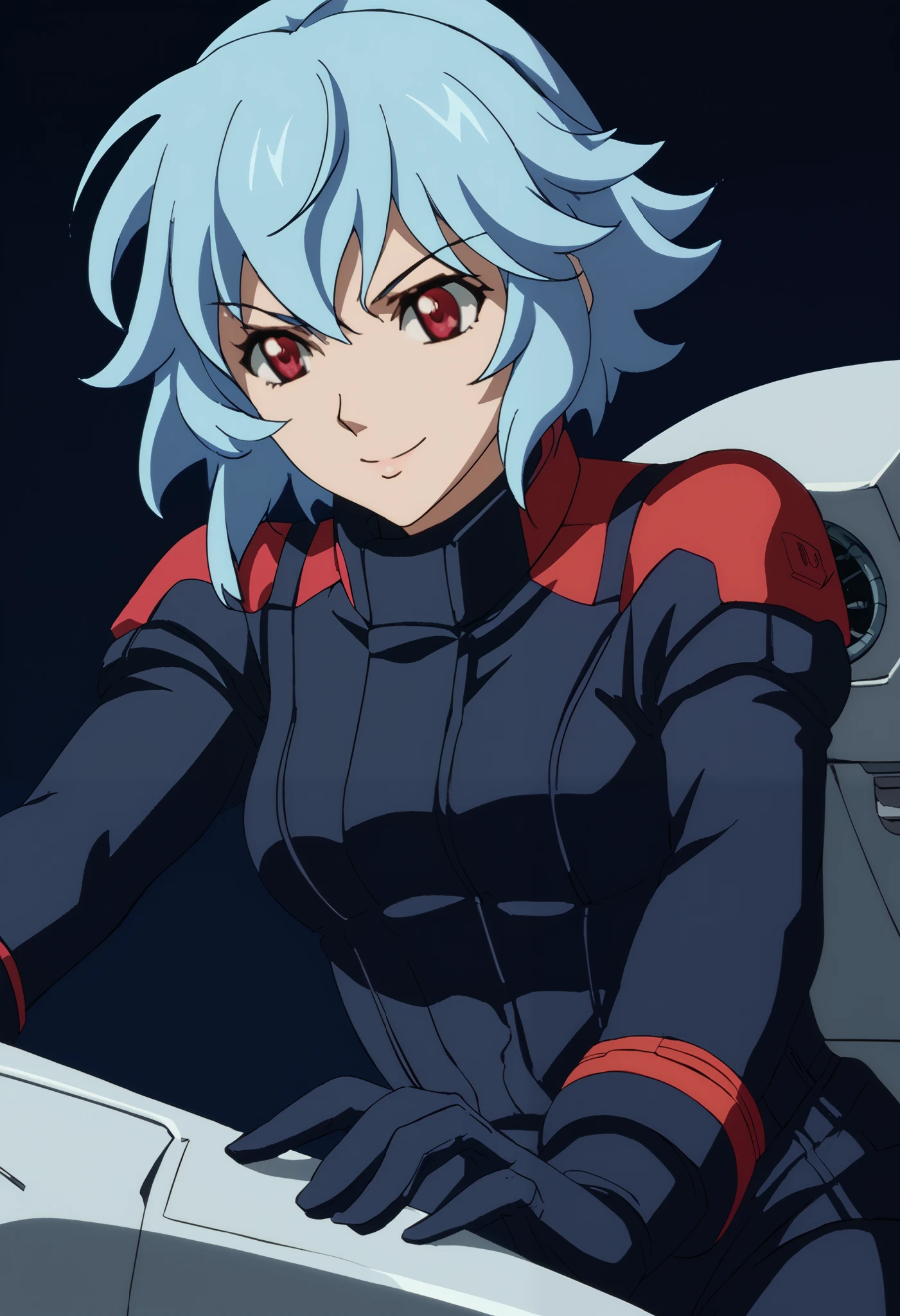 Z Gundam pilot suit, ( black pilot suit for piloting a machine:1.5) 、,score_9、 score_8_ up 、 score_7_ up 、 Destroys Top Quality 、 Refined details 、 Source Anime 、 1 girl、 short hair、 blue hair、 red eyes、The background is cockpit 、 sits in the cockpit、smile