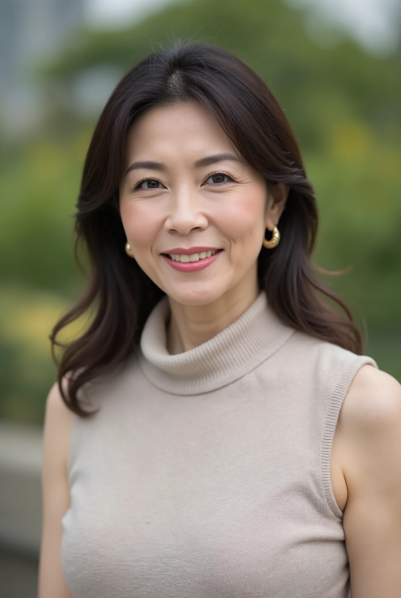 Beautiful middle-aged woman standing in a park (48 years old: 1.4), wavy dark hair ,Slender and long legs, fine laugh lines: 1.2, and a bewitching smile . 。 sharp facial details , amazing beauty (Ultimate beauty), It features 、 (lipstick: 1.1), ( eyeliner: 1.2), mascara, and eyeshadow . model exudes elegance and confidence , large garden near , photo by Nomi quality ( by Nomi: 1.2, hyper by Nomi: 1.1, photo by Nomi: 1.37), An Unmatched Beauty concert venue, and formal aesthetics (1.4). The image is rendered with sharp focus (1.4), depth of field, and physical base rendering . Each fashion pattern has sophisticated seasonal styling, 。 The image exudes clarity and refinement 。Moss colored turtleneck sleeveless knit dress, with makeup including a blurred abstract background 、 reflects quiet refinement .