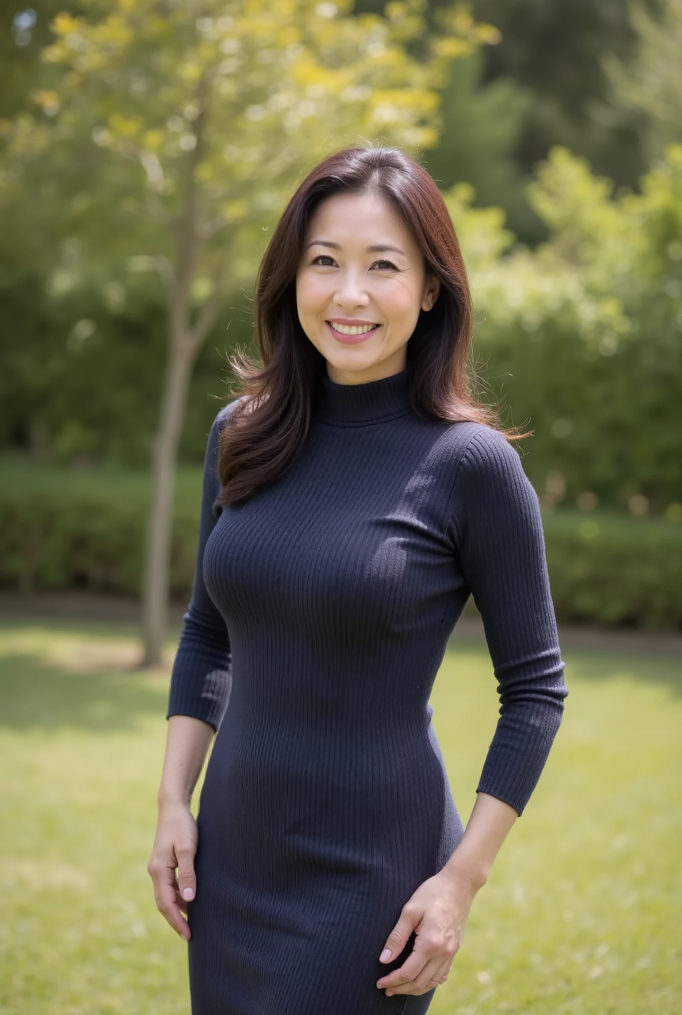 Beautiful middle-aged woman standing in a park (48 years old: 1.4), wavy dark hair ,Slender and long legs, fine laugh lines: 1.2, and a bewitching smile . 。 sharp facial details , amazing beauty (Ultimate beauty), It features 、 (lipstick: 1.1), ( eyeliner: 1.2), mascara, and eyeshadow . model exudes elegance and confidence , large garden near , photo by Nomi quality ( by Nomi: 1.2, hyper by Nomi: 1.1, photo by Nomi: 1.37), An Unmatched Beauty concert venue, and formal aesthetics (1.4). The image is rendered with sharp focus (1.4), depth of field, and physical base rendering . Each fashion pattern has sophisticated seasonal styling, 。 The image exudes clarity and refinement 。Moss colored turtleneck sleeveless knit dress, with makeup including a blurred abstract background 、 reflects quiet refinement .