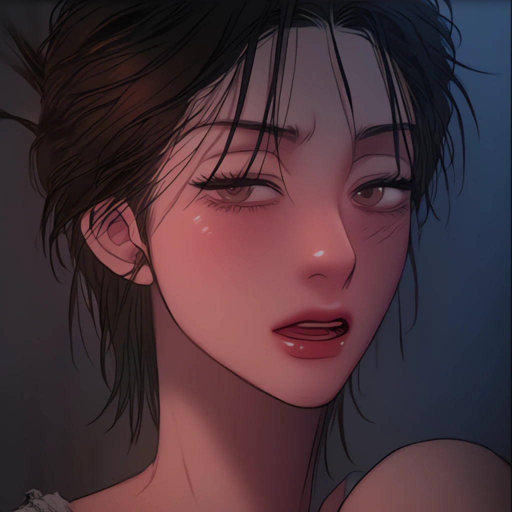 absurderes、masterpiece、top-quality、realisitic、Hyper-detailing、(skin gloss、Sweatiness:1.4)、(One Woman、独奏、Bun hair、Hairstyle that reveals the forehead、Detailed body、A detailed face)、(Upper body naked、Panties underneath)、(Thigh:0.5)、动态照明、hight resolution、foco nítido、depth of fields、((small tits、very slender body、thin neck、skinny thigh)),((Sit with your knees bent、I am holding a transparent male organ in my hand and sucking it)),(open open mouth、Stick out your tongue、red blush、A wistful look、Staring at the viewer)、(((Half body shot,Angle from above、POV、up of face)))、(inside in room、Background blur),