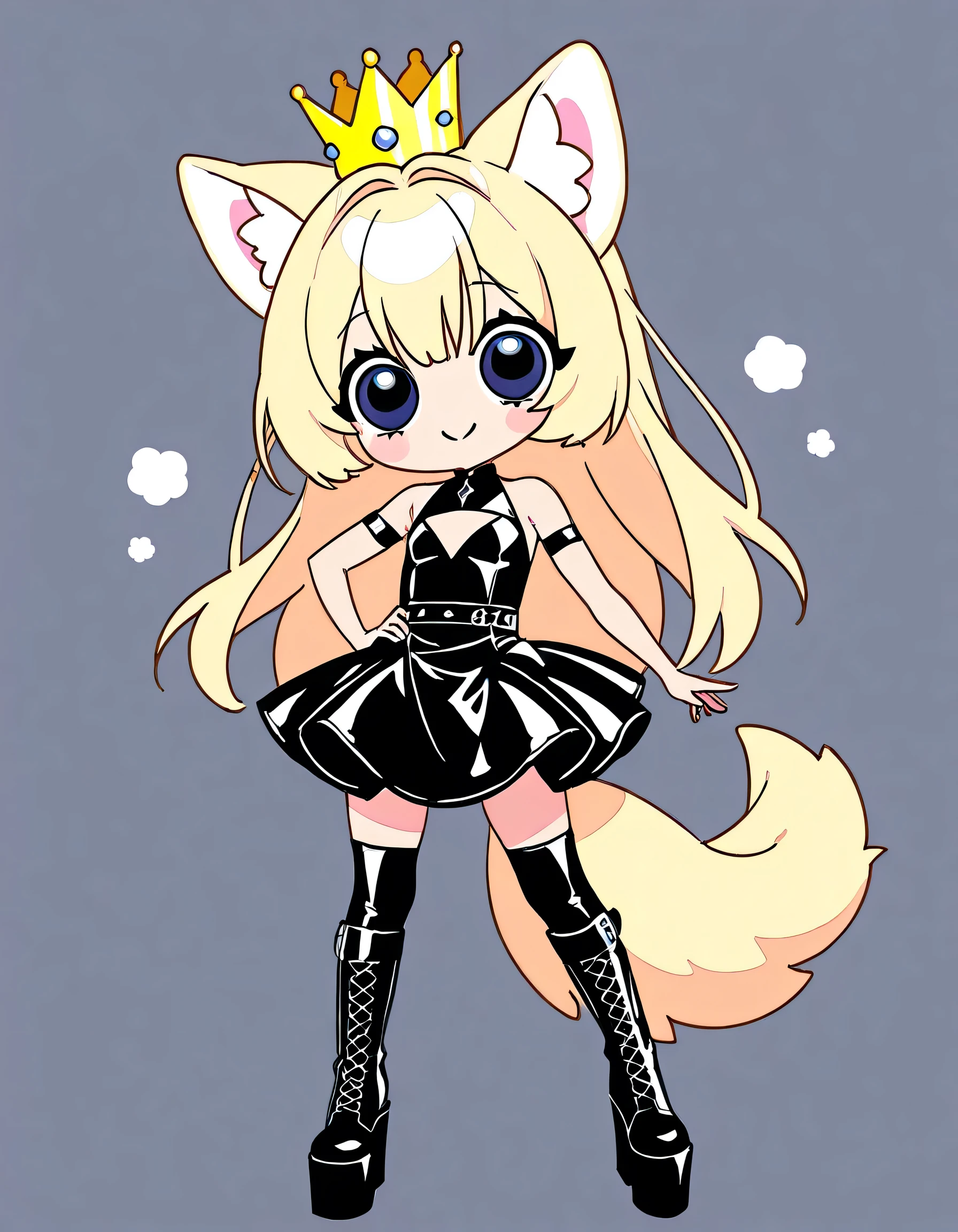 HD 、 high quality 、 girl、 big eyes、 droopy eyes 、smile、pure、 crown、Wolf ears、 a wolf's tail、 blonde、 Platform Boots 、 princess、 leather bondage dress