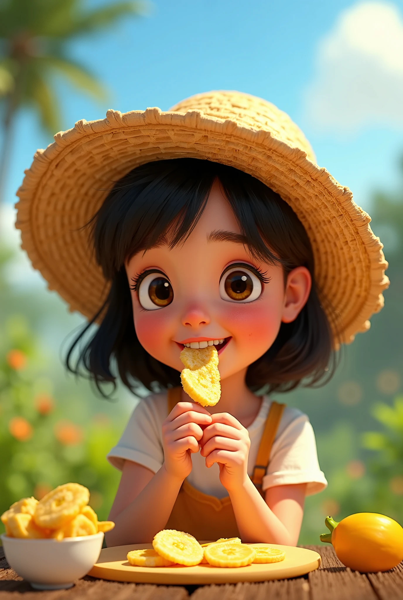 Create an image of a character eating a Paraguayan chipa with a straw hat, something simple