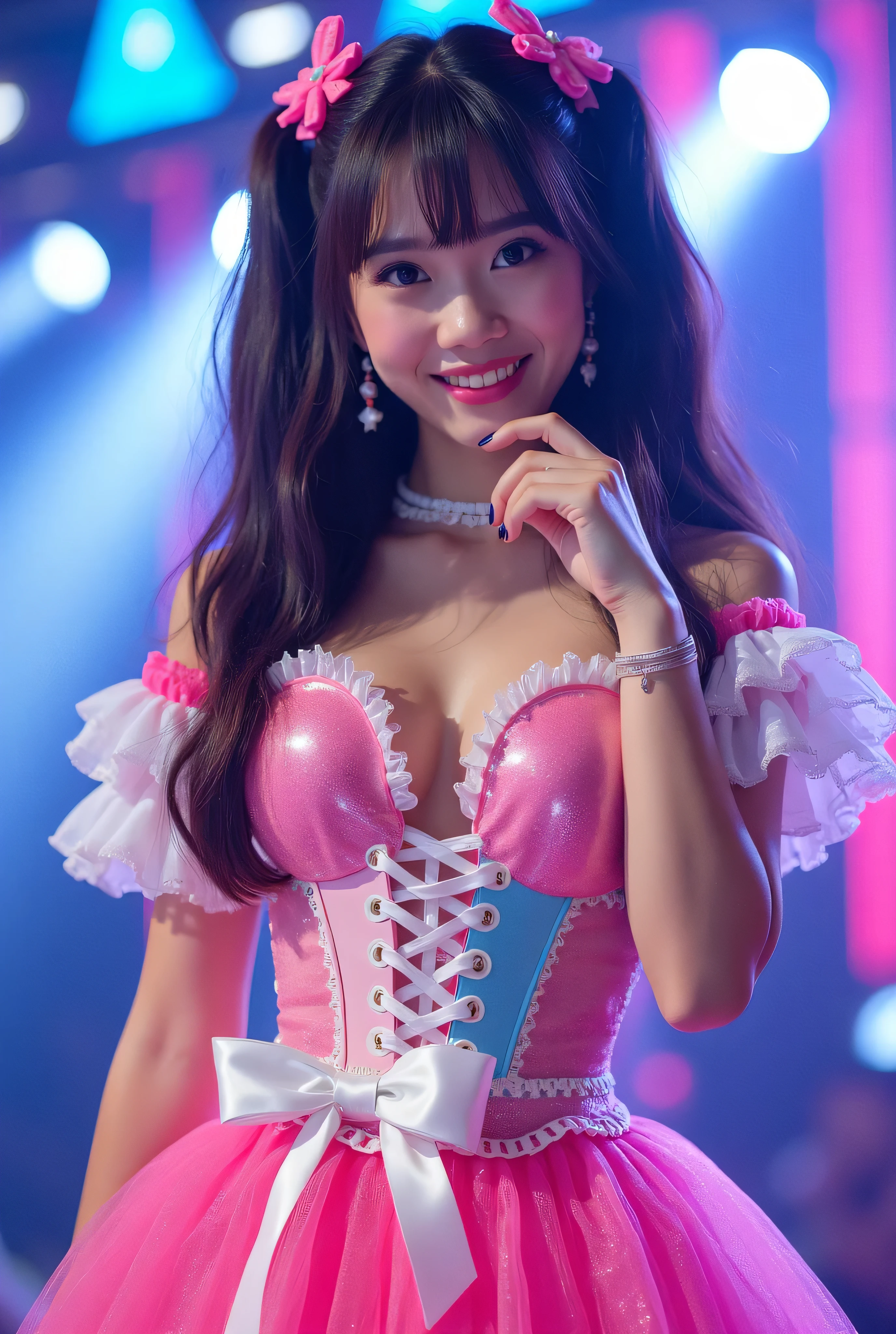 Create a highly detailed, realistic image of a young woman with long, dark hair styled with two small pink bows on either side. She is wearing a vibrant and transparent shinning glossy pink short dress that has a layered, frilly design with white ruffled edges on the sleeves and neckline. The dress has intricate lace-up details on the front, with white ribbons crisscrossing over the bodice. A large, white bow is tied around her waist, and the skirt is layered with multiple ruffles, alternating between white and pink frills. The upper part of the dress has a mix of white and blue accents, especially around the shoulders, giving it a lively, idol-like appearance. The girl’s expression is cheerful and playful, with a radiant smile, captured both in performance and posing with a slightly pensive look. Ensure that her outfit appears shiny and glossy, reflecting stage lights, and incorporate a vivid, performance-like atmosphere in the background. Some Lights shooting around, she hold microphone,