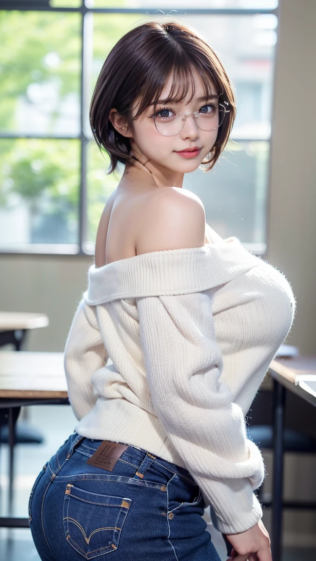 ((2 Japan schoolgirl)), ((2 Cute Girls)), 18 years old, (White shirt), (pleated skirt), miniskirt, Are standing, perfection female form, perfection face, Glossy pink lips, Expressive eyes, eye shadow, eyeliner, Huge natural breasts, (Narrow waist), light brown hair, short hair, (floating hair), expressive hair, (over-rim glasses), long eyelashes, (smile), (cowboy shot), ((nsfw)), Private room, Sitting on the floor, Leaning forward, UHD, masterpiece, accurate, anatomically correct, textured skin, super detail, high details, high quality, best quality,
