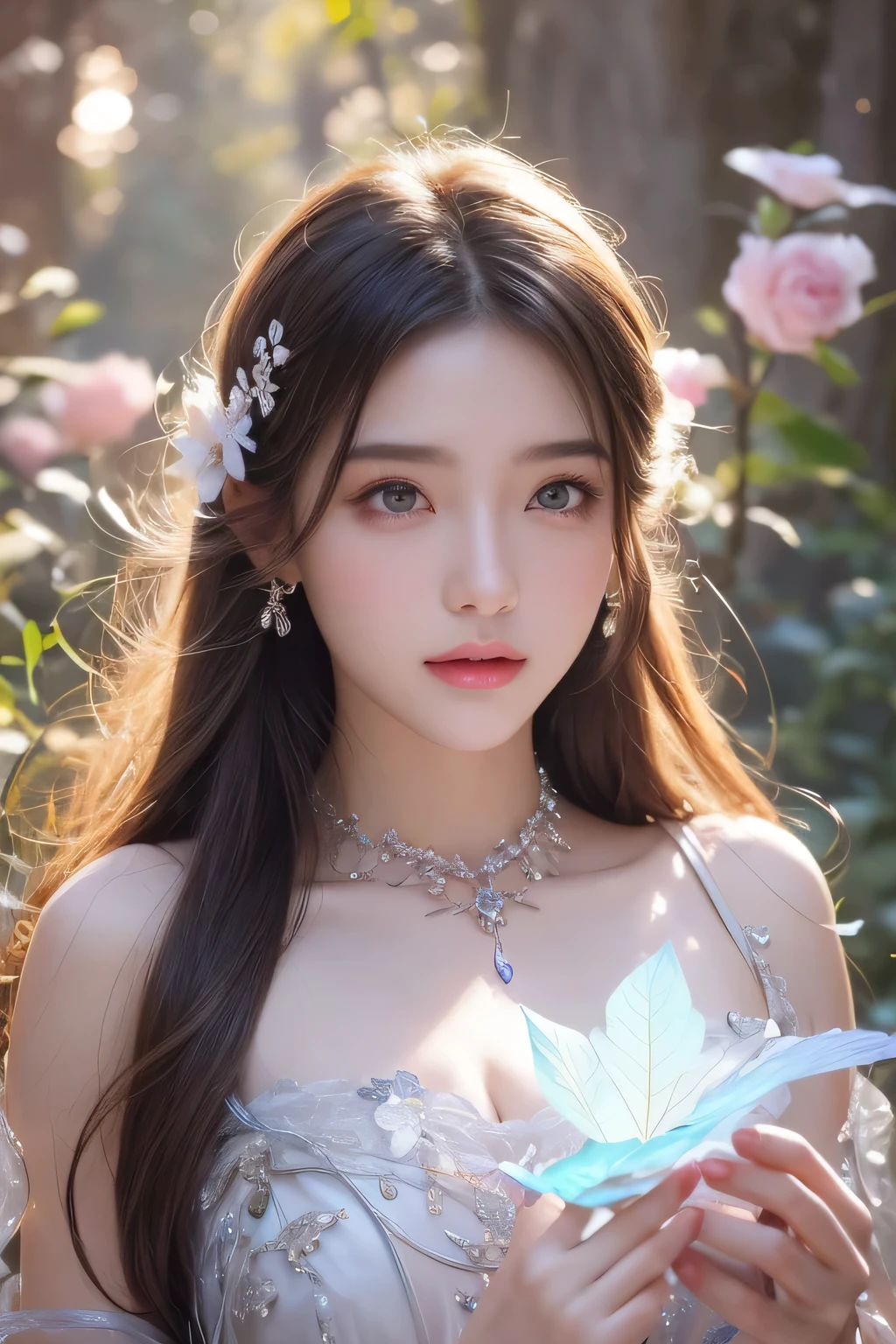 (masutepiece), Professional , ​masterpiece、top-quality、photos realistic , depth of fields ,（Wind element），close-up，dream magical，tornado，Lightning，（Gemstone Silver Jewel Body:1.９),(Matte White、Jewel Gold Weapon_（Metal:1.４),Gorgeous Jewel Metal Weapons , Detailed Sword of the Brave , Beautiful knife   ,warhammer 40k , adepta sororitas,Detail and ornate jewel crown、Brown hair、Gangle's forest background、Beautiful Caucasian beauty、１a person、dynamic ungle,(((Detailed and ornate diamond crown)))、Particles of light、cleavage of the breast、