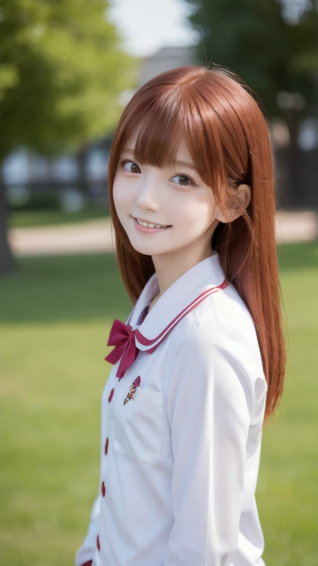 red hair, school uniform, little beautiful girl, slender body,Correct human body, detailed eyes, detailed face, beautiful face, cute face, beautiful skin,evenly balanced eyes, droopy eyes ,Embarrassed Smile, highest resolution,TOP QUALITY,masterpiece,4K,8k,staring at the camera,Small round face