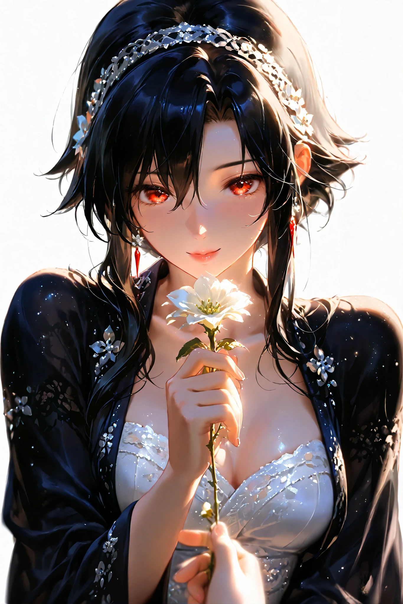 Yor forger, red eyes, black hair,jewelry, hairband, short hair with long lock, wedding dress, seducing, lusty, holding flowers, shiny, Bright face, perfect light, clear background, a little far, (beautifuls piernas)(beautiful)( From below)(Japanese clothing)