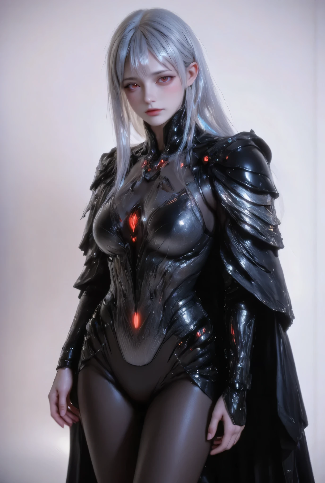score_9, score_8_up, score_7_up, score_6_up, score_5_up, score_4_up, 1girl, solo, seductive expression,(masterpiece)), Highest quality, Very detailed,(One Girl), master piece, best quality, score_9, score_8_up, score_7_up, score_6_up, score_5_up, score_4_up, masterpiece, best quality, very aesthetic, absurdres, Score_9, Score_8_up, Score_7_up, Score_6_up, Score_5_up, Score_4_up, Source_anime, Tag1, Tag2, Best quality, High quality, Detailed, High resolution, 8k, Ultra highres, Soft saturation, Professional quality, Perfect contrast, Perfect lighting, Anatomically correct, Sensual woman, young female, seductive BREAK Face focus, detailed face focus.  Sexy Idol Girl, white skin, Good style, dynamic and sexy pose. Create an image of a futuristic cybernetic warrior.   The character has long, silver hair and glowing red eyes, wearing sleek, black armor with intricate designs combined with a black Gothic steampunk tailcoat for a futuristic and dark feeling.  The shirt has a long and flared tail.