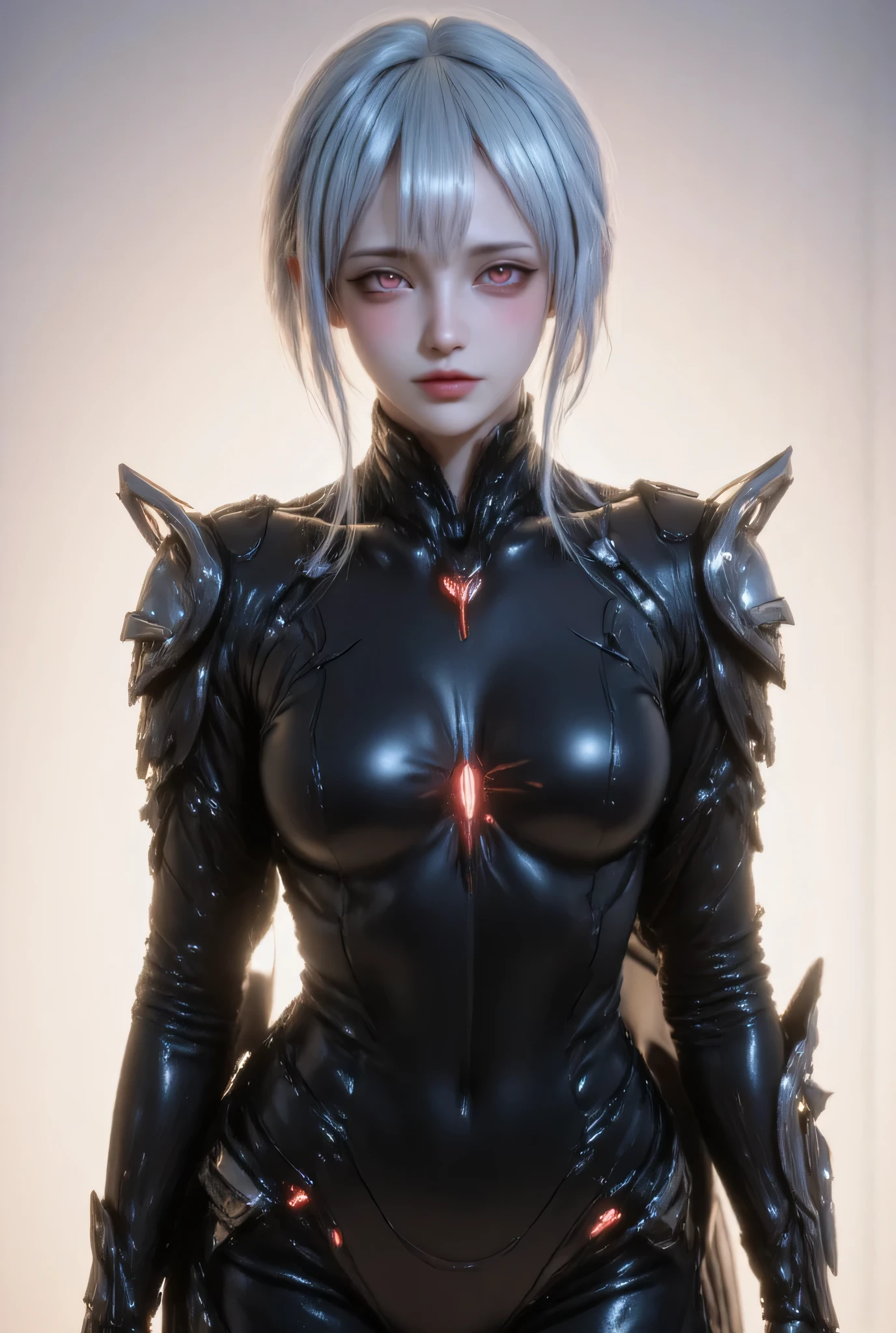 score_9, score_8_up, score_7_up, score_6_up, score_5_up, score_4_up, 1girl, solo, seductive expression,(masterpiece)), Highest quality, Very detailed,(One Girl), master piece, best quality, score_9, score_8_up, score_7_up, score_6_up, score_5_up, score_4_up, masterpiece, best quality, very aesthetic, absurdres, Score_9, Score_8_up, Score_7_up, Score_6_up, Score_5_up, Score_4_up, Source_anime, Tag1, Tag2, Best quality, High quality, Detailed, High resolution, 8k, Ultra highres, Soft saturation, Professional quality, Perfect contrast, Perfect lighting, Anatomically correct, Sensual woman, young female, seductive BREAK Face focus, detailed face focus. Sexy Idol Girl, white skin, Good style, dynamic and sexy pose. Create an image of a futuristic cybernetic warrior. The character has long, silver hair and glowing red eyes, wearing sleek, black armor with intricate designs combined with a black Gothic steampunk tailcoat for a futuristic and dark feeling. The shirt has a long and flared tail.