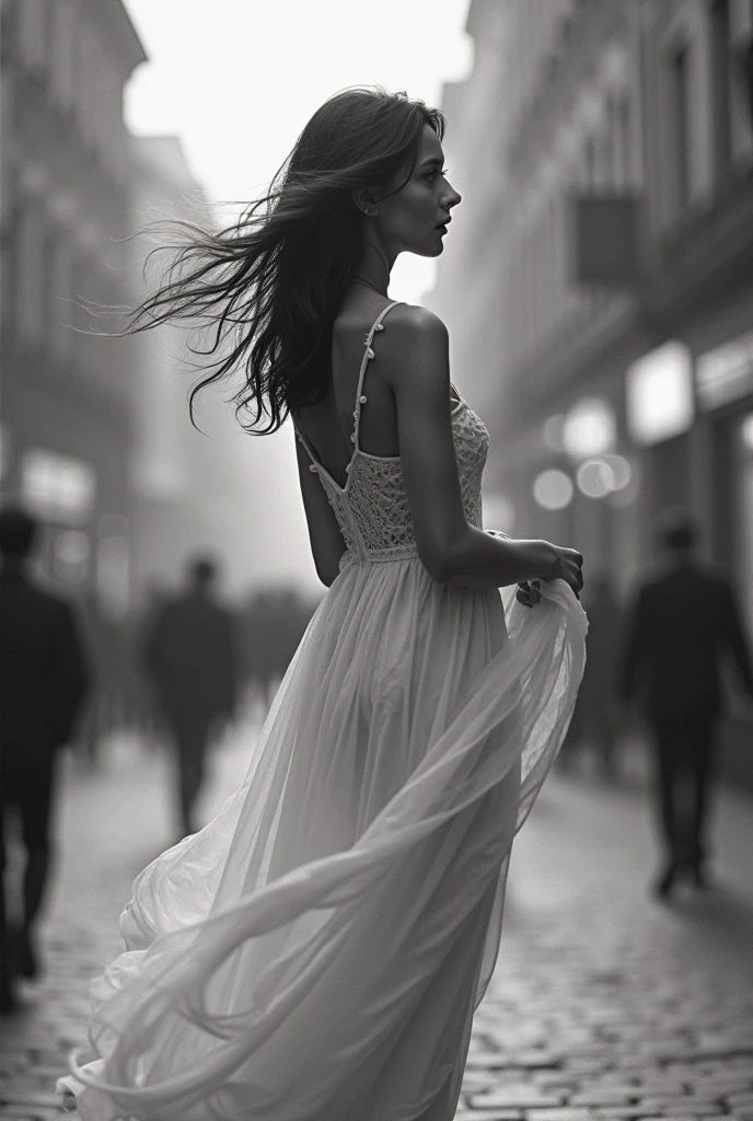 Femme en robe légère et trempée, in black and white, we can slightly see his buttocks. She walks down the street. Paneau stop en couleur.
