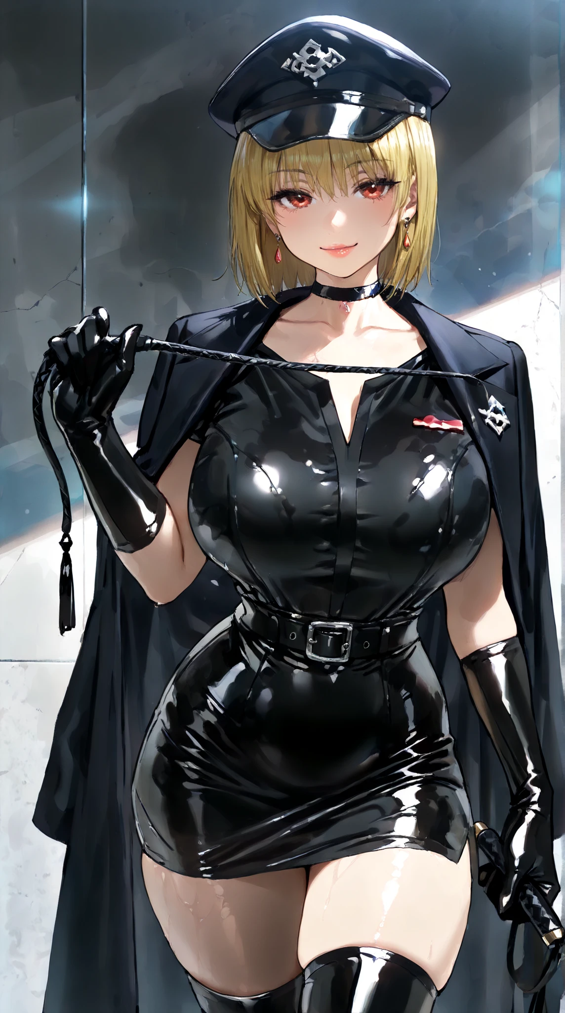 Main: Kitami Reika, mature female, 40 yo, blonde hair, short hair, lipstick, makeup, black eyeshadow, smokey eyes, blue eyes, jewelry, cross earrings Clothes: black corset mini dress, white labcoat, black thighhigns, pump shoes (or highheeled boots). Optional: detailed hair, ultra detailed face, blue eyes, perfect eyes, perfect face, Large Breasts, cleavage, curvy, big ass tricky glance, smirking (masterpiece), best quality, expressive eyes, perfect face, muscular woman, woman with well marked muscles, toned muscles, hyper muscular, massive muscles, massive shoulders, massive biceps, muscles bulging, gigantic muscles, extreme muscular, muscles, big muscles, muscle mommy, muscular female, Bulky, Bodybuilder, HyperMuscle. womb tattoo heart shaped, massive breasts, massive , big , gigantic , slut, whore, corruption, boots, high thighs, nipples, sharp teeth, angry face, mean, big tits, massive tits, fake tits, erect nipples