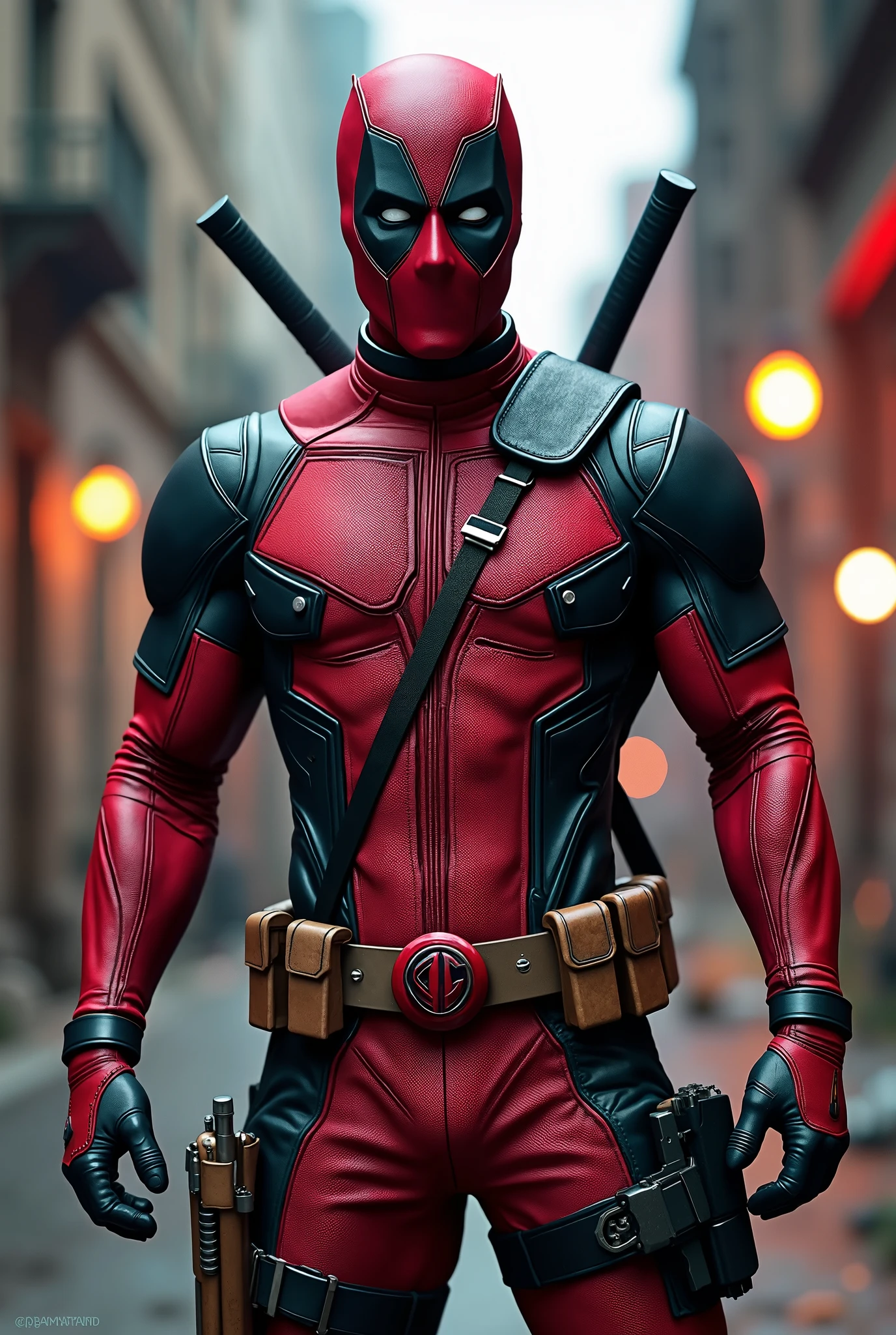 Visually stunning detailed image of Deadpool with his erect penis visible., wet in the rain, perverse situation