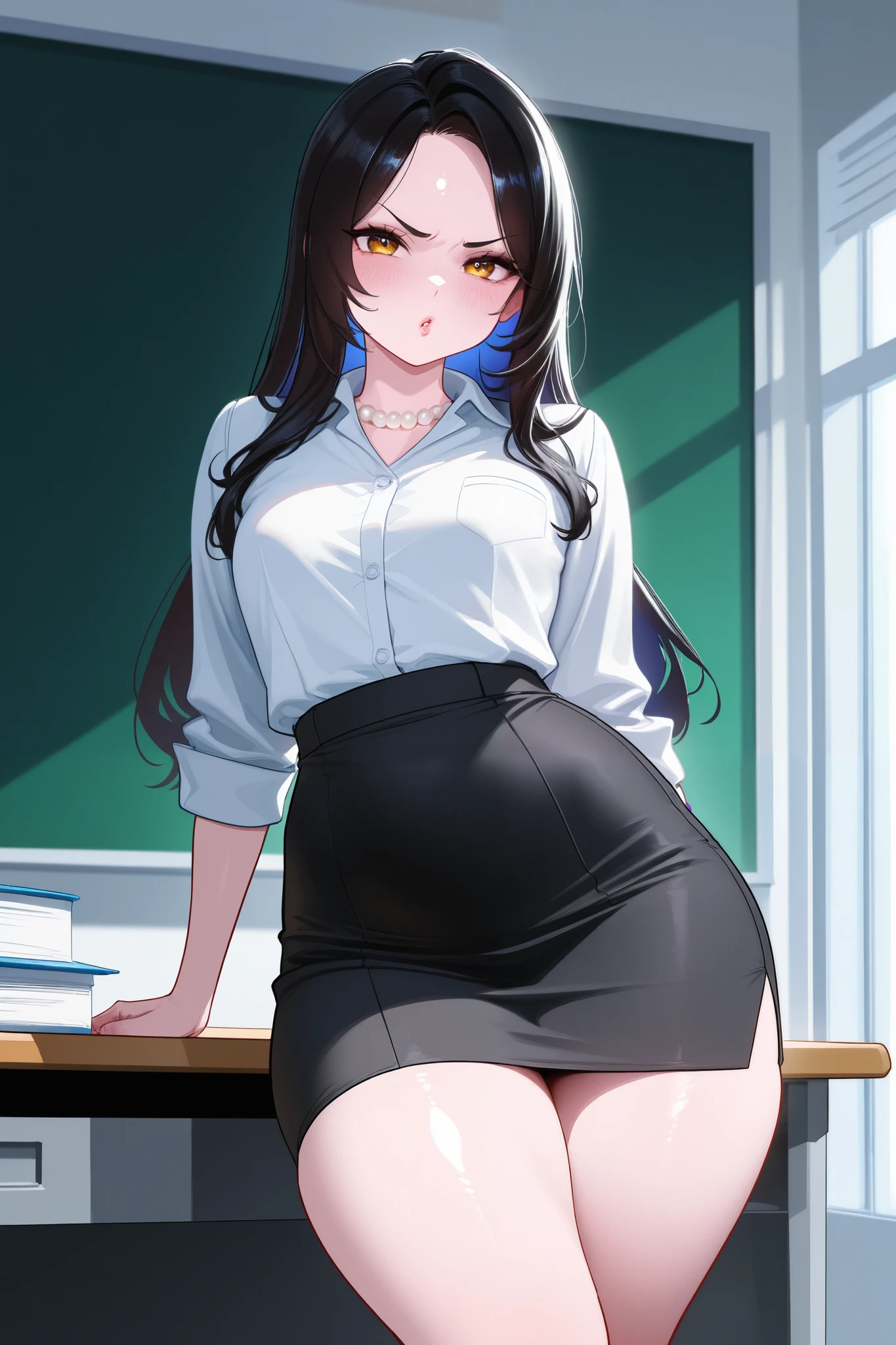 Teacher, Long hair, Curvy, Pearl skin girl with small breast wide hip and thick thighs tsundere expression. In her office desk. 4k, best quality, Wong kar-wai Color grading, Dim light atmosphere of school office.