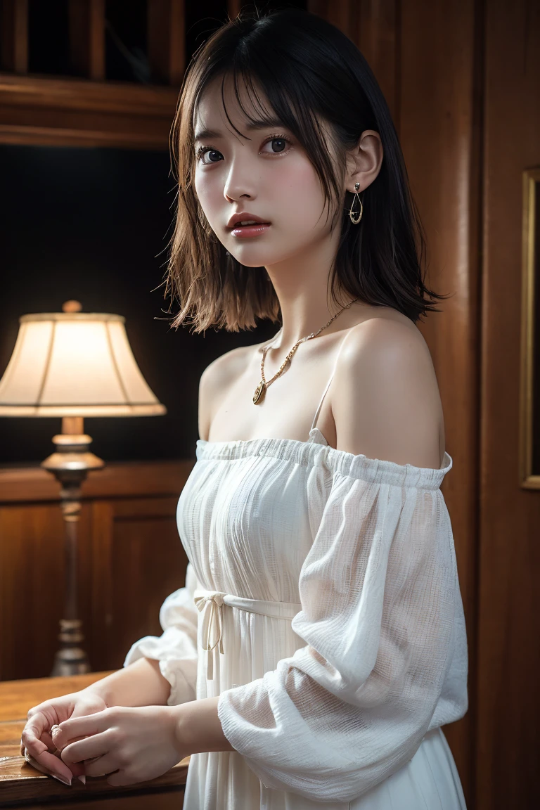 Best quality, masterpiece, ultra high res, (photorealistic:1.4), raw photo,  (Authentic skin texture:1.3), (film grain:1.3),  panorama, character portrait,  very wide shot, narrow waist, cowboy shot, (in the dark, deep shadow, low key, cold light,) night, close-up,  streaming tears, 
indoor, dust, Tyndall effect, sad, disappointed, gloom (expression),  sitting,  (against wall), crying, frown, (head bowed), nervous, tearing up, lonely,
1girl, beautiful detailed eyes and face, white jabot, off shoulder, brown eyes,