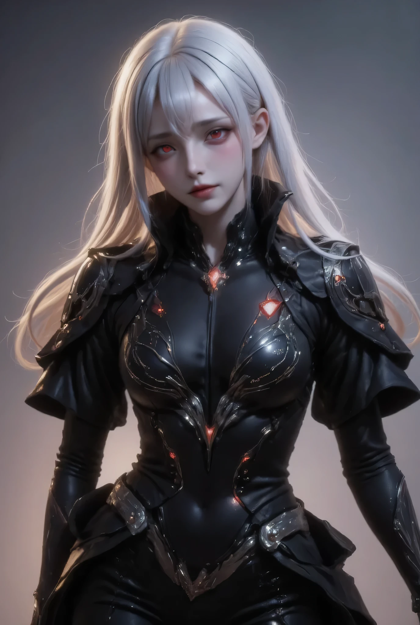 score_9, score_8_up, score_7_up, score_6_up, score_5_up, score_4_up, 1girl, solo, seductive expression,(masterpiece)), Highest quality, Very detailed,(One Girl), master piece, best quality, score_9, score_8_up, score_7_up, score_6_up, score_5_up, score_4_up, masterpiece, best quality, very aesthetic, absurdres, Score_9, Score_8_up, Score_7_up, Score_6_up, Score_5_up, Score_4_up, Source_anime, Tag1, Tag2, Best quality, High quality, Detailed, High resolution, 8k, Ultra highres, Soft saturation, Professional quality, Perfect contrast, Perfect lighting, Anatomically correct, Sensual woman, young female, seductive BREAK Face focus, detailed face focus. Sexy Idol Girl, white skin, Good style, dynamic and sexy pose. Create an image of a futuristic cybernetic warrior. The character has long, silver hair and glowing red eyes, wearing sleek, black armor with intricate designs combined with a black Gothic steampunk tailcoat for a futuristic and dark feeling. The shirt has a long and flared tail. The costume is made of metal, creating a sturdy, futuristic feel.