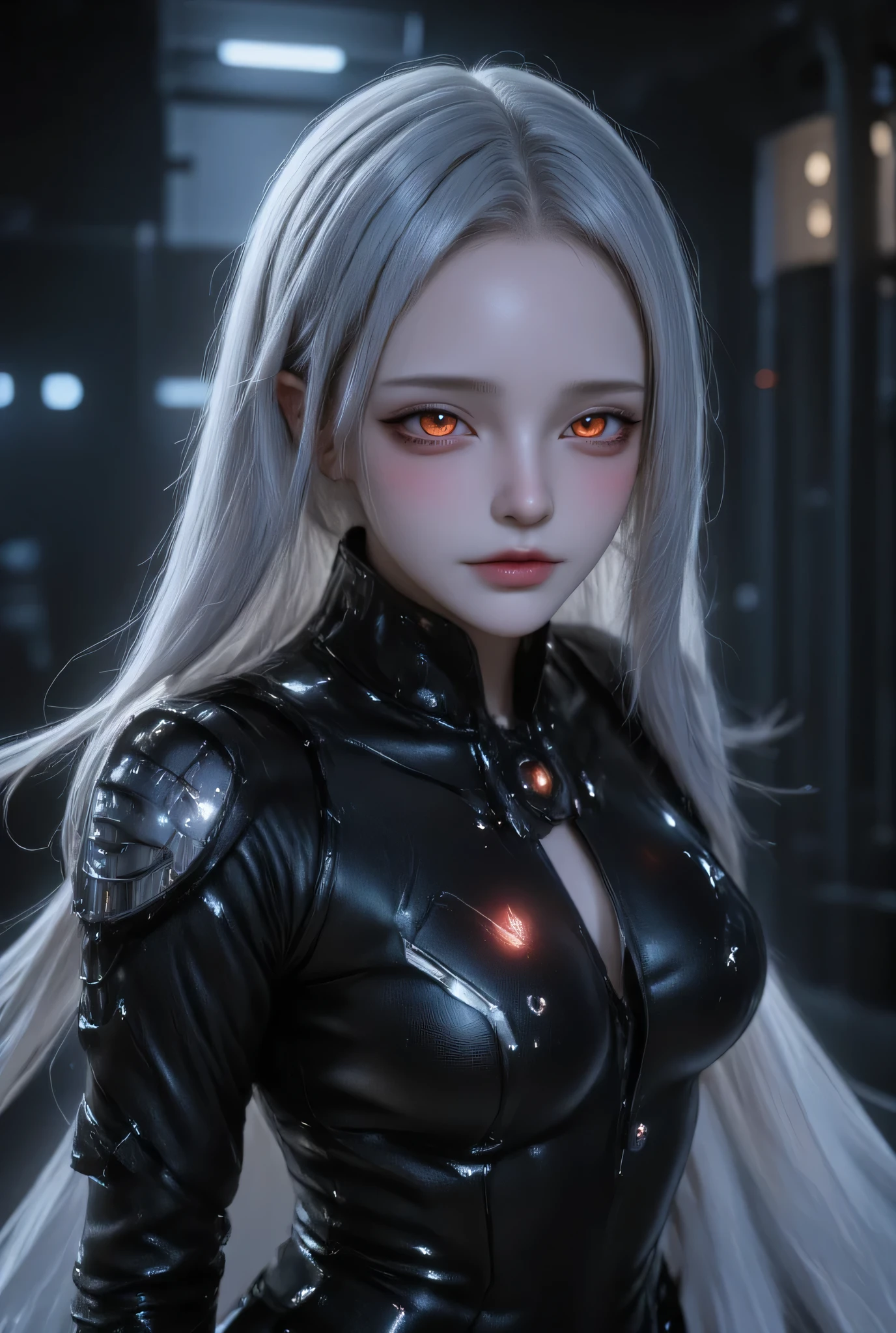 score_9, score_8_up, score_7_up, score_6_up, score_5_up, score_4_up, 1girl, solo, seductive expression,(masterpiece)), Highest quality, Very detailed,(One Girl), master piece, best quality, score_9, score_8_up, score_7_up, score_6_up, score_5_up, score_4_up, masterpiece, best quality, very aesthetic, absurdres, Score_9, Score_8_up, Score_7_up, Score_6_up, Score_5_up, Score_4_up, Source_anime, Tag1, Tag2, Best quality, High quality, Detailed, High resolution, 8k, Ultra highres, Soft saturation, Professional quality, Perfect contrast, Perfect lighting, Anatomically correct, Sensual woman, young female, seductive BREAK Face focus, detailed face focus. Sexy Idol Girl, white skin, Good style, dynamic and sexy pose. Create an image of a futuristic cybernetic warrior. The character has long, silver hair and glowing red eyes, wearing sleek, black armor with intricate designs combined with a black Gothic steampunk tailcoat for a futuristic and dark feeling. The shirt has a long and flared tail. The costume is made of shiny and thick metal, giving a sturdy, futuristic feel.