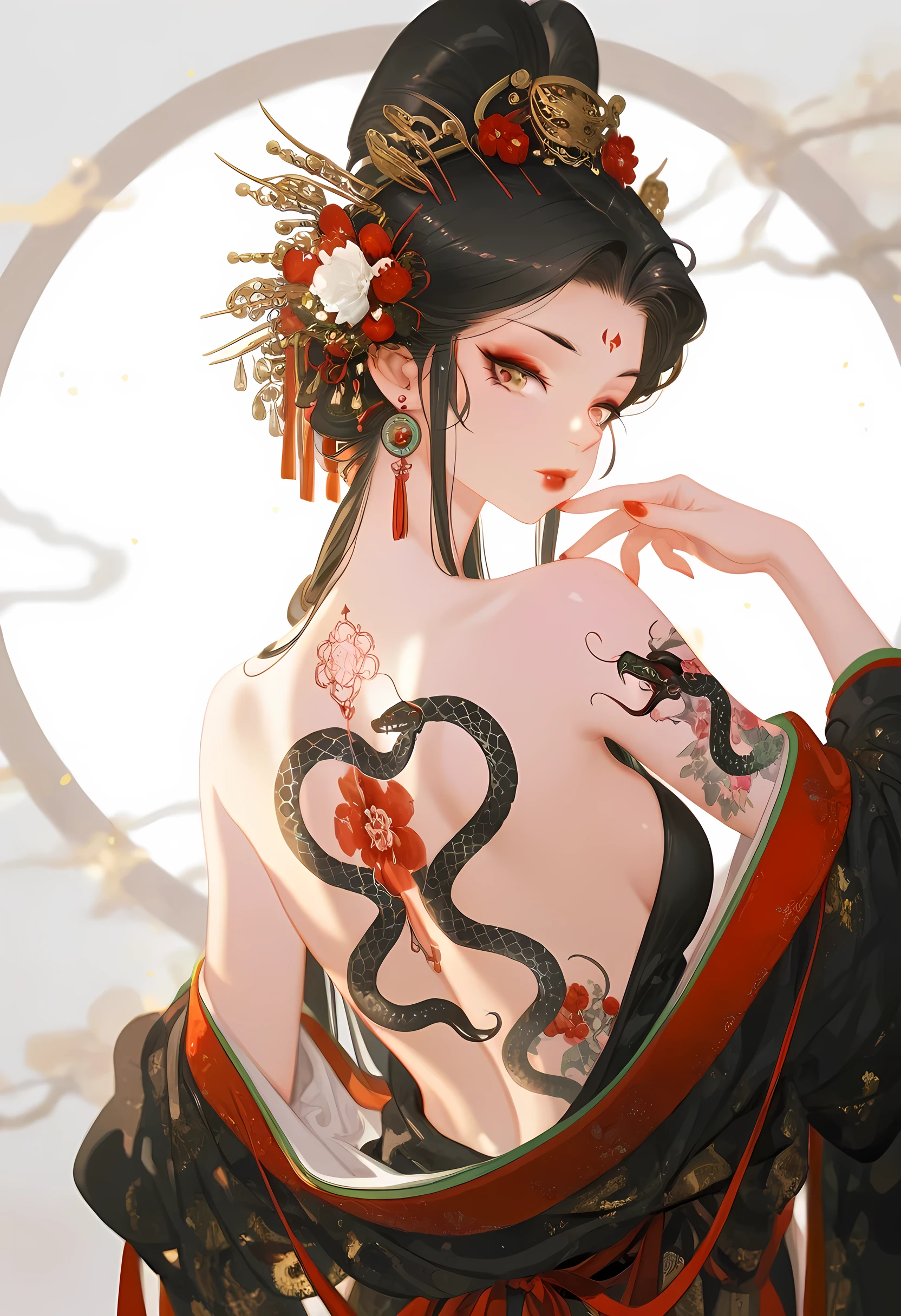 mian_lang,1girl, back, back tattoo, shoulders, black hair, , brown eyes, chinese zodiac, earrings, eyeliner, eyeshadow, floating earring, hair ornament, irezumi, japanese clothes, jewelry, kanzashi, kimono, long hair, makeup, nail polish, off shoulder, oiran, parted bangs, red nails, sidelocks, solo, tattoo, snake tattoo, year of the snake, masterpiece, best quality, amazing quality, very awa, absurdres, very aesthetic