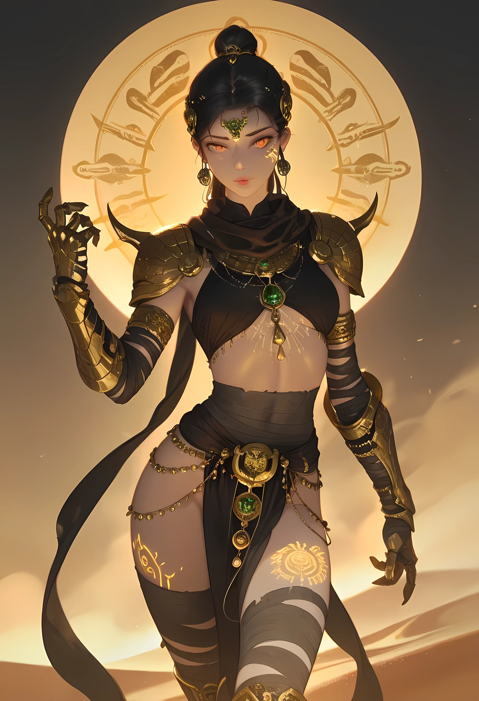 mian_lang,masterpiece, best quality, realistic, absurdres, 1girl, solo, pose, cowboy shot, contrapposto, 1girl, amber slit pupils, sandstorm hair \(swirling beige\), hieroglyphic tattoos, desert rose pauldrons, scarf of shifting sands, ancient relic gauntlets, wrap leggings, golden scarab accessories, hourglass pendant, mirage projection, dune strider boots, hdr, 4k, very detailed, sidelighting, chiaroscuro,