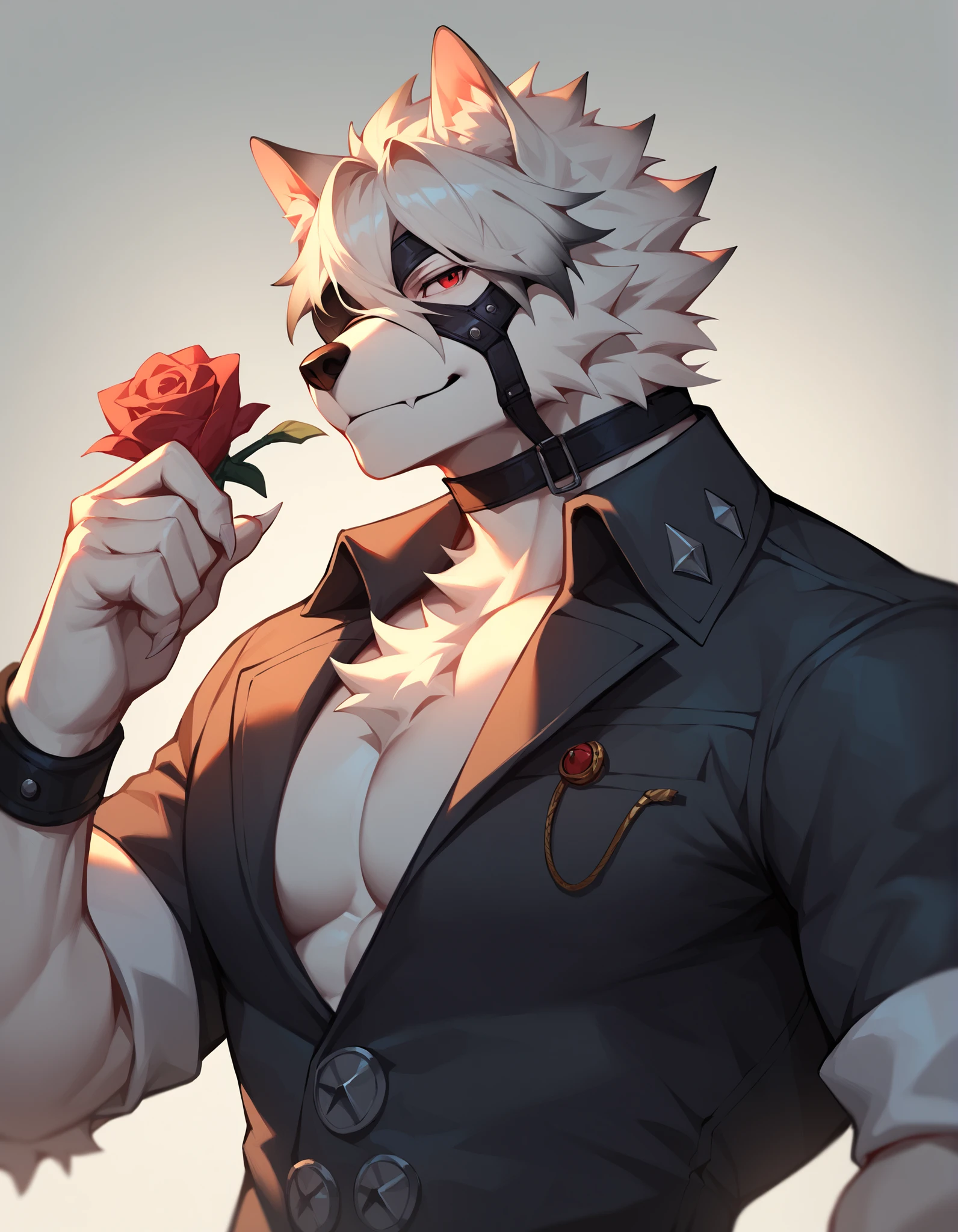 Score_9, Score_8_up, Score_7_up, alone, is from Wolfdog, Werewolf, Muscular, red eyes, Button, Eye mask, One eye covered, pants, Wristband, The best band , Fingernails , Finger sleeve , bust portrait ,Chest Focus, Tail, detailed abs,Detailed pectoral muscles, is handsome,Smile, black suit , has silver scales all over his body ,Rose