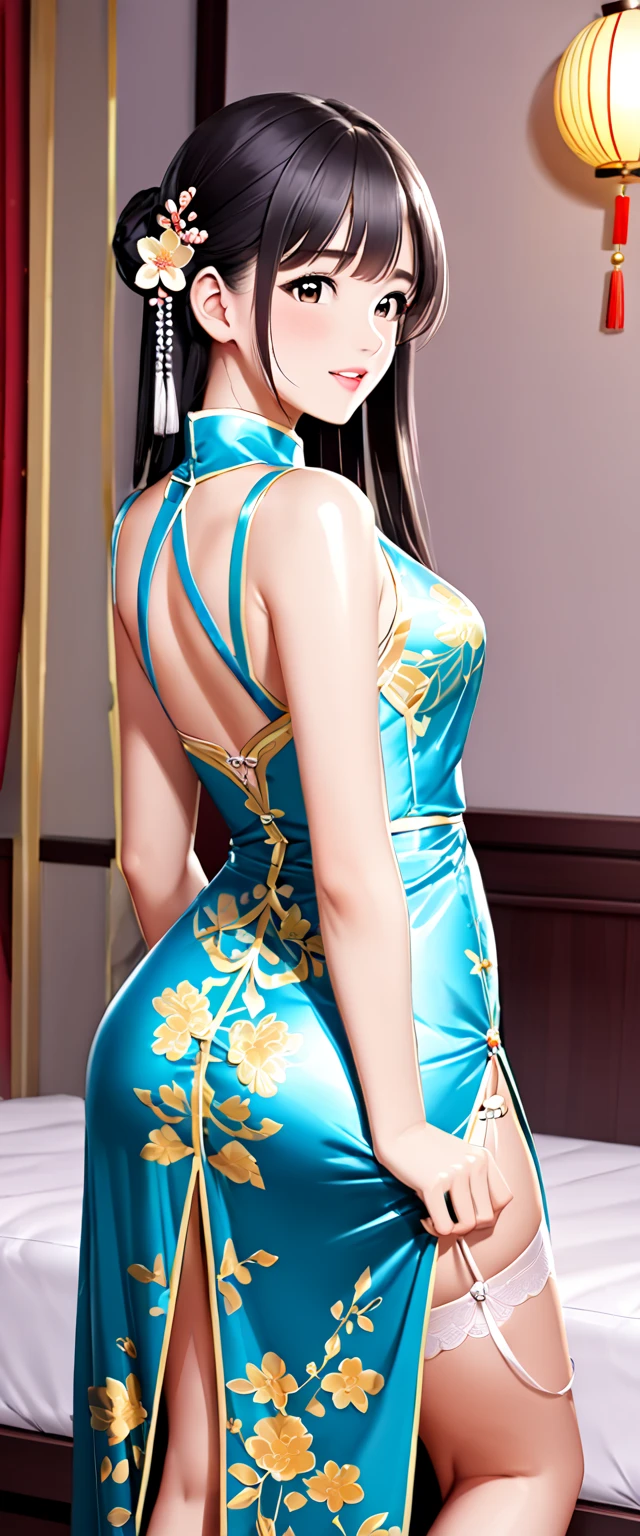 High resolution, adult woman , good lighting, despicable, , (No nudity), (((shiny cheongsam))),(garter belt),cute face, I'm embarrassed and blush, humiliating, ((turn around and look back)),