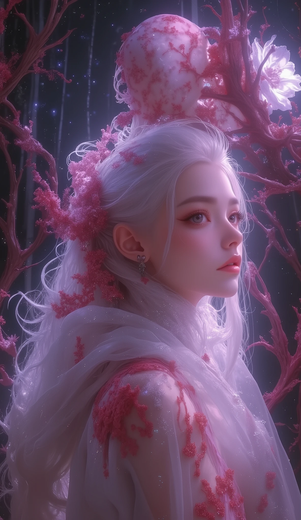 Negative Space , Jellyfish Sim , erotic busty elf girl, woman, shoulder out, (H0.5), lips, splashes , (tree々:0.5), (flower:0.6) ,(bird:0.2), (Bamboo 0.1), , Hangzhou, Bonian, Bonian in background 、Pale pink light、