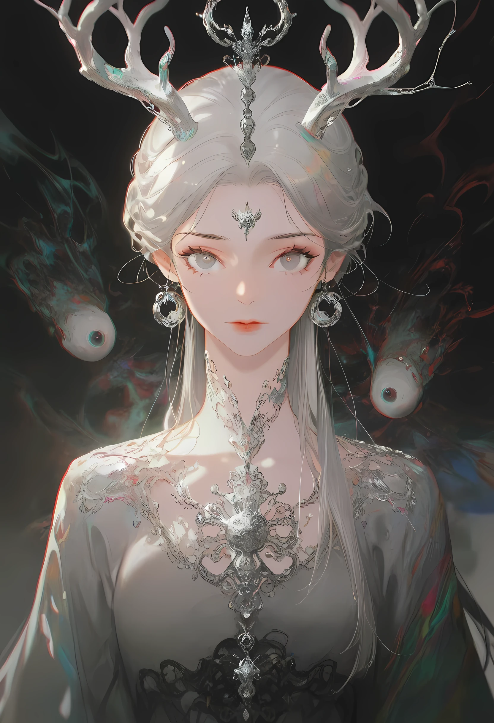 mian_lang,deadpurity, abstract colors, monster, theme \(horror\), 1girl, solo, long_hair, looking_at_viewer, upper_body, grey_hair, grey_eyes, multicolored_eyes, antlers, colorful, abstract, depth of field, film grain, (chromatic aberration:1.15), very awa, masterpiece, best quality, amazing quality, very aesthetic, absurdres