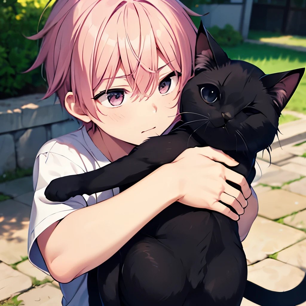 boys、Around 20s、 handsome、 handsome、 is cool、 pink hair 、short hair、bangs、Kind Face、 kind expression、kitten/Hug a black cat、